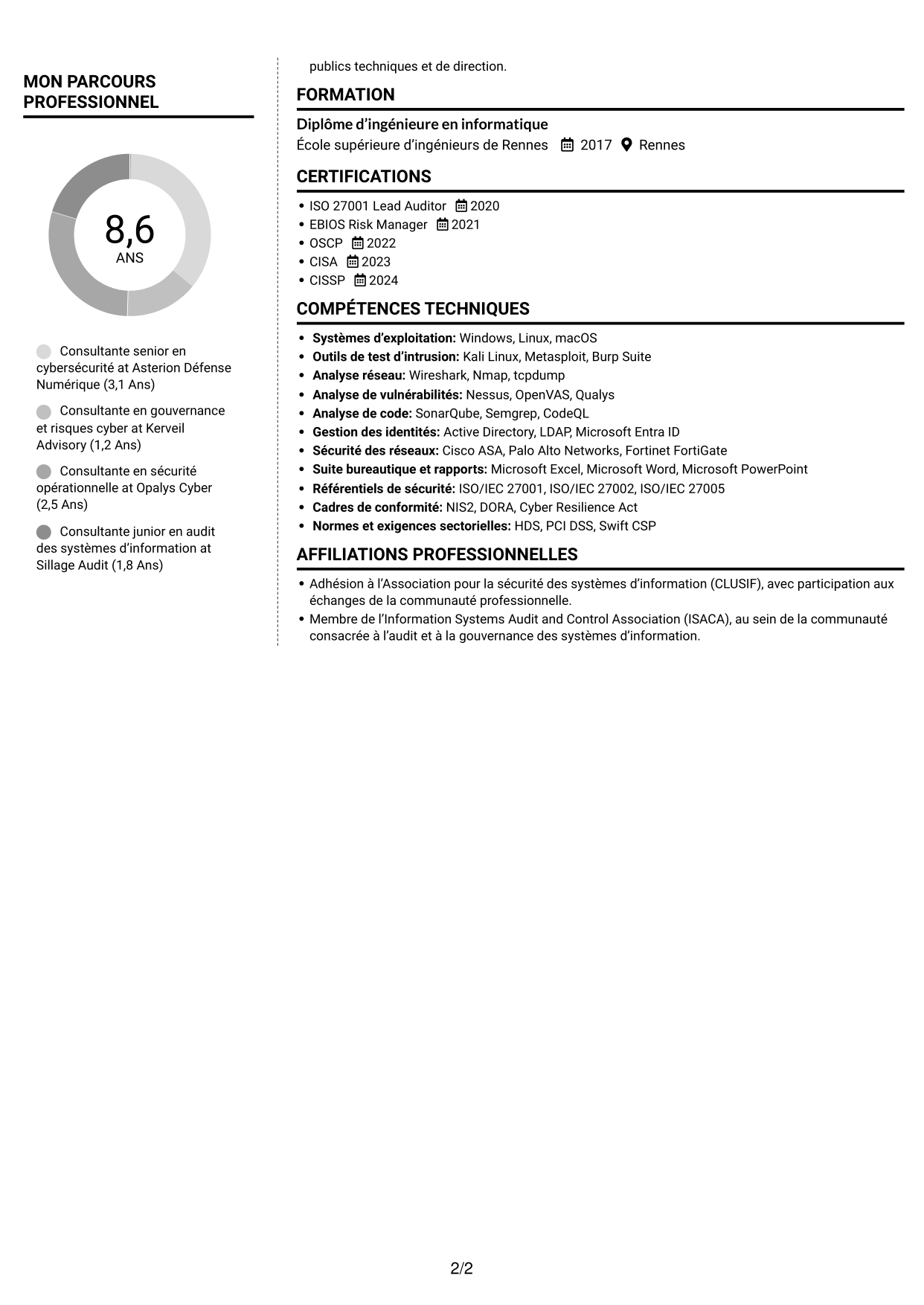 CV Moderne (format à deux colonnes avec photo à gauche et séparateur) : Consultant junior en cybersécurité - Audit et GRC, page 2