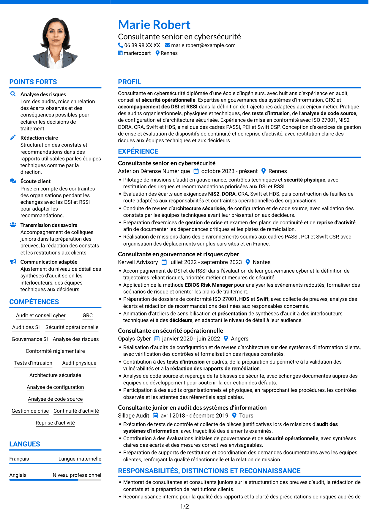 CV Audacieux (format à deux colonnes avec accents colorés et photo) : Consultant junior en cybersécurité - Audit et GRC, page 1