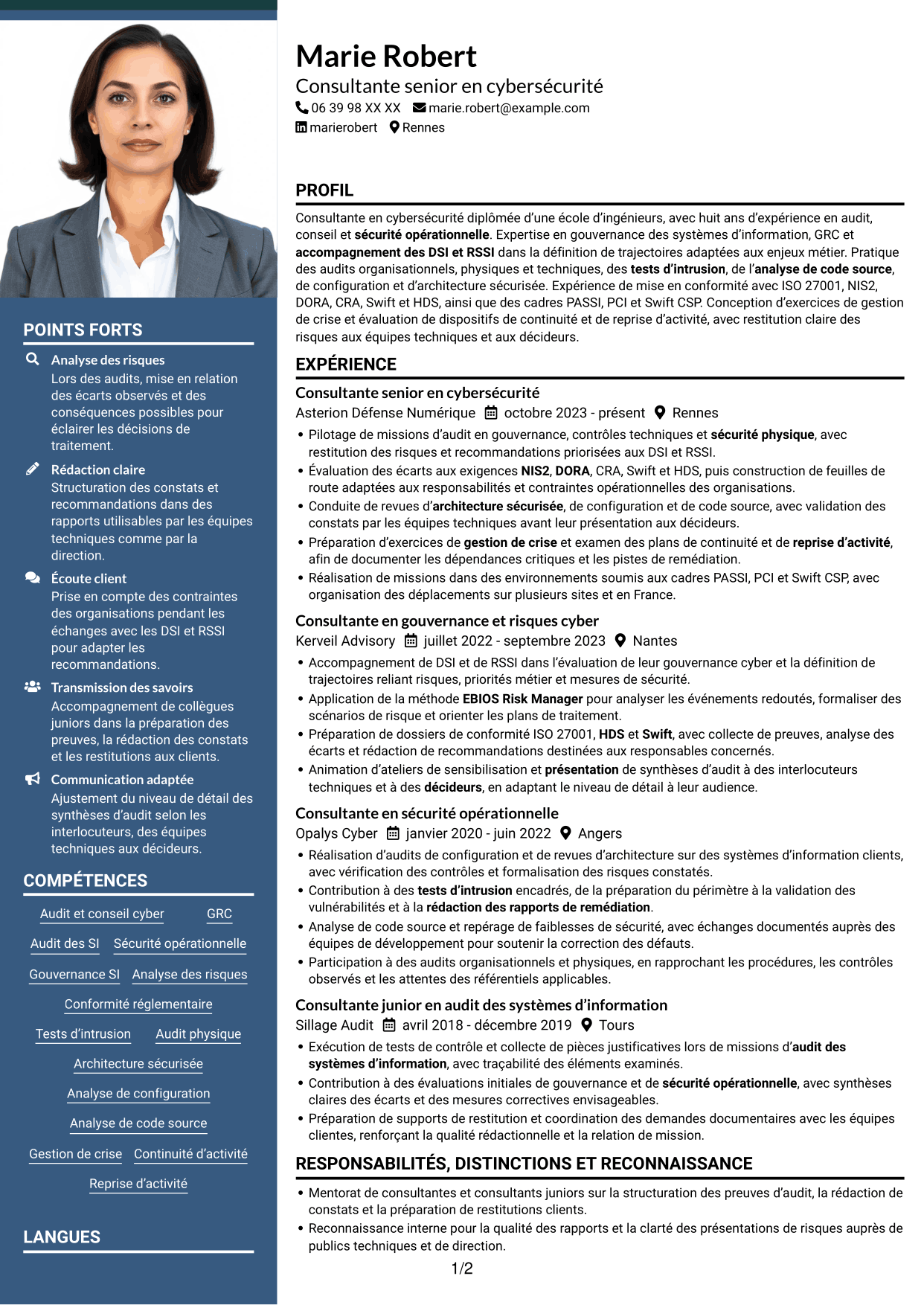 CV Signature (format à colonne latérale colorée avec grande photo) : Consultant junior en cybersécurité - Audit et GRC, page 1
