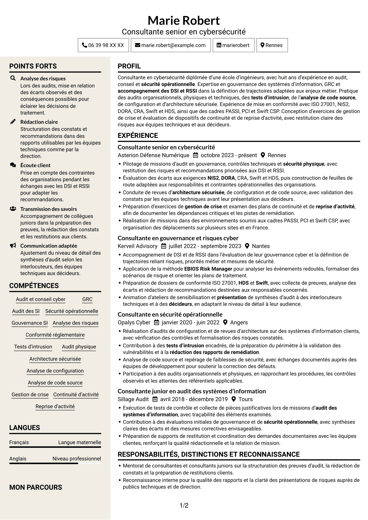 CV Fonceur (format à deux colonnes avec en-tête centré sans photo) : Consultant junior en cybersécurité - Audit et GRC, page 1
