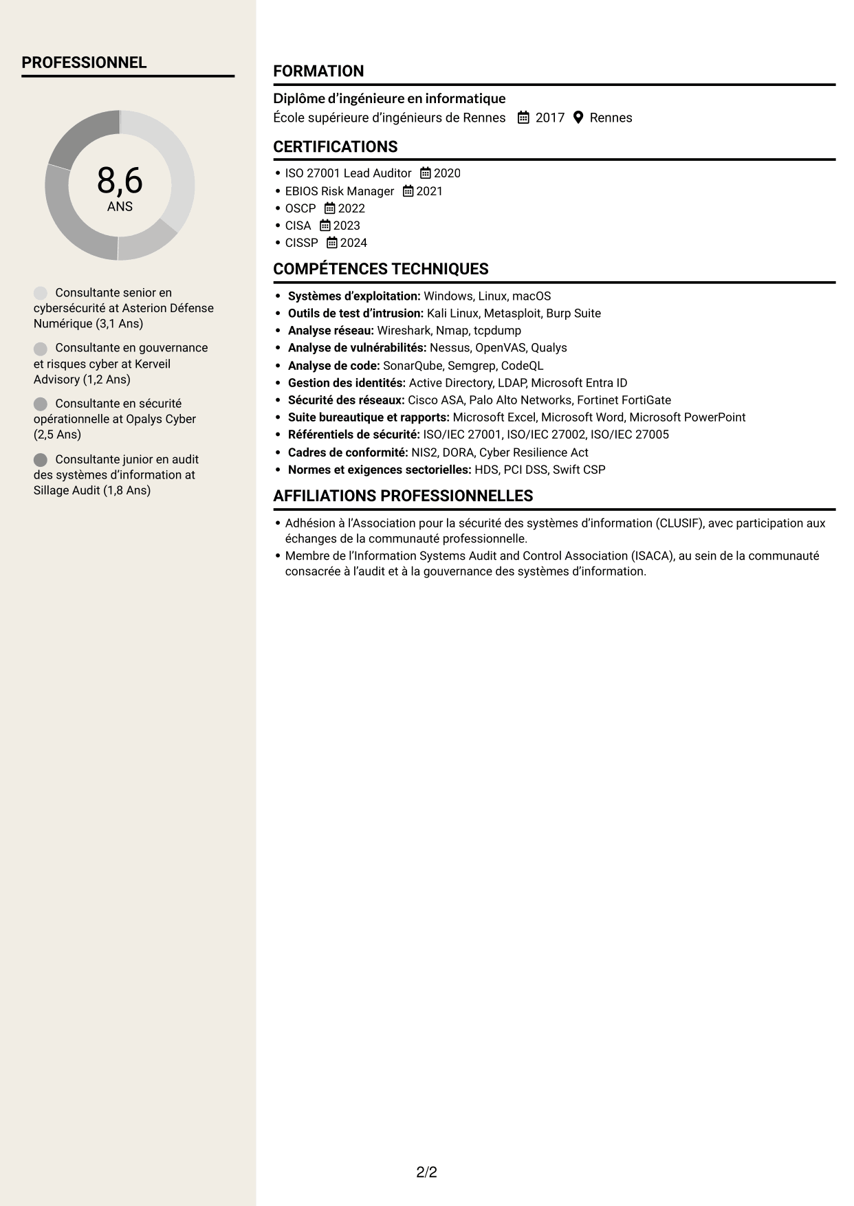 CV Fonceur (format à deux colonnes avec en-tête centré sans photo) : Consultant junior en cybersécurité - Audit et GRC, page 2