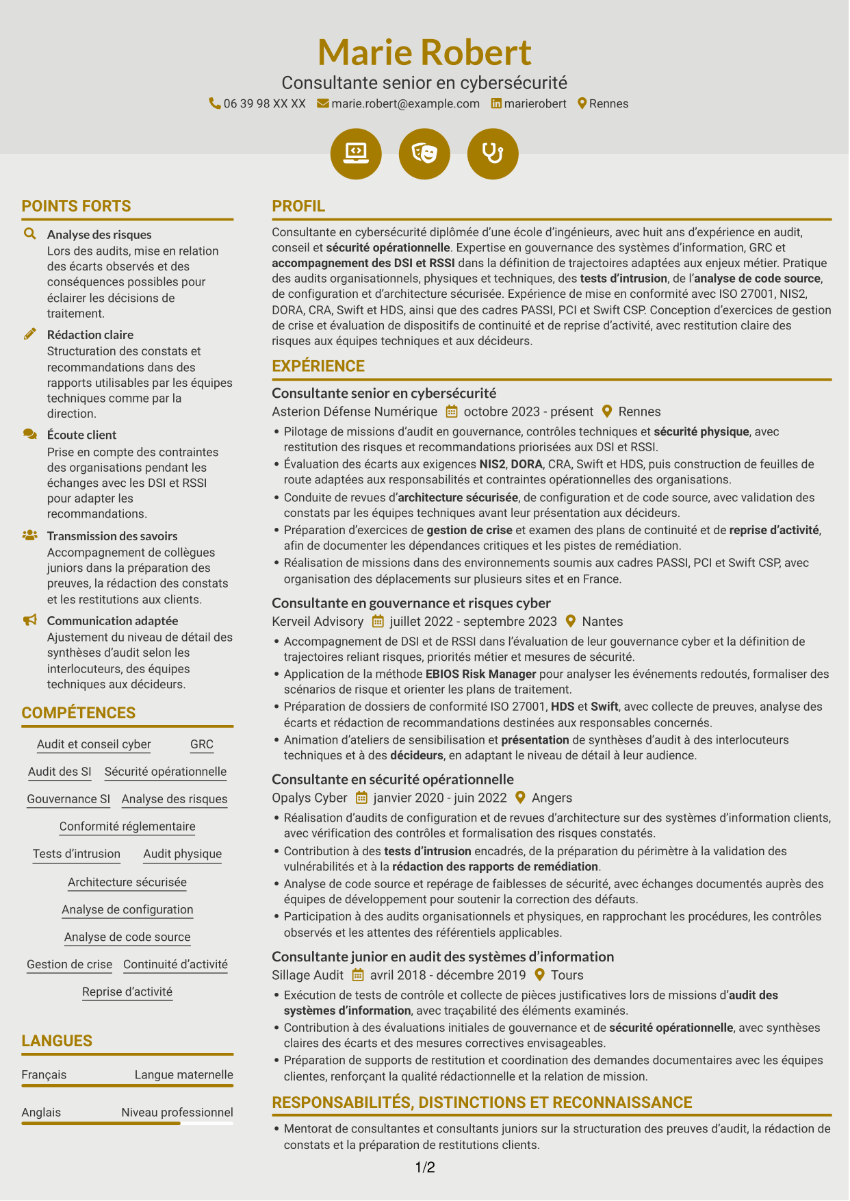 CV Dynamique (format à deux colonnes avec icônes) : Consultant junior en cybersécurité - Audit et GRC, page 1