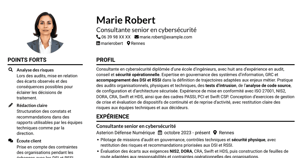 7 modèles de CV pour Consultant junior en cybersécurité - Audit et GRC, avec exemples