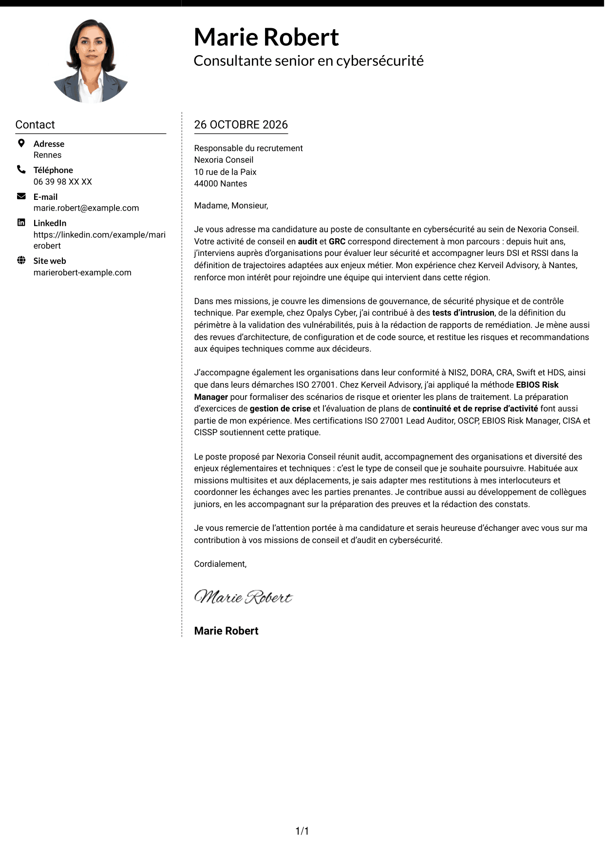 Lettre de motivation Moderne (format à deux colonnes avec photo à gauche et séparateur) : Consultant junior en cybersécurité - Audit et GRC, page 1