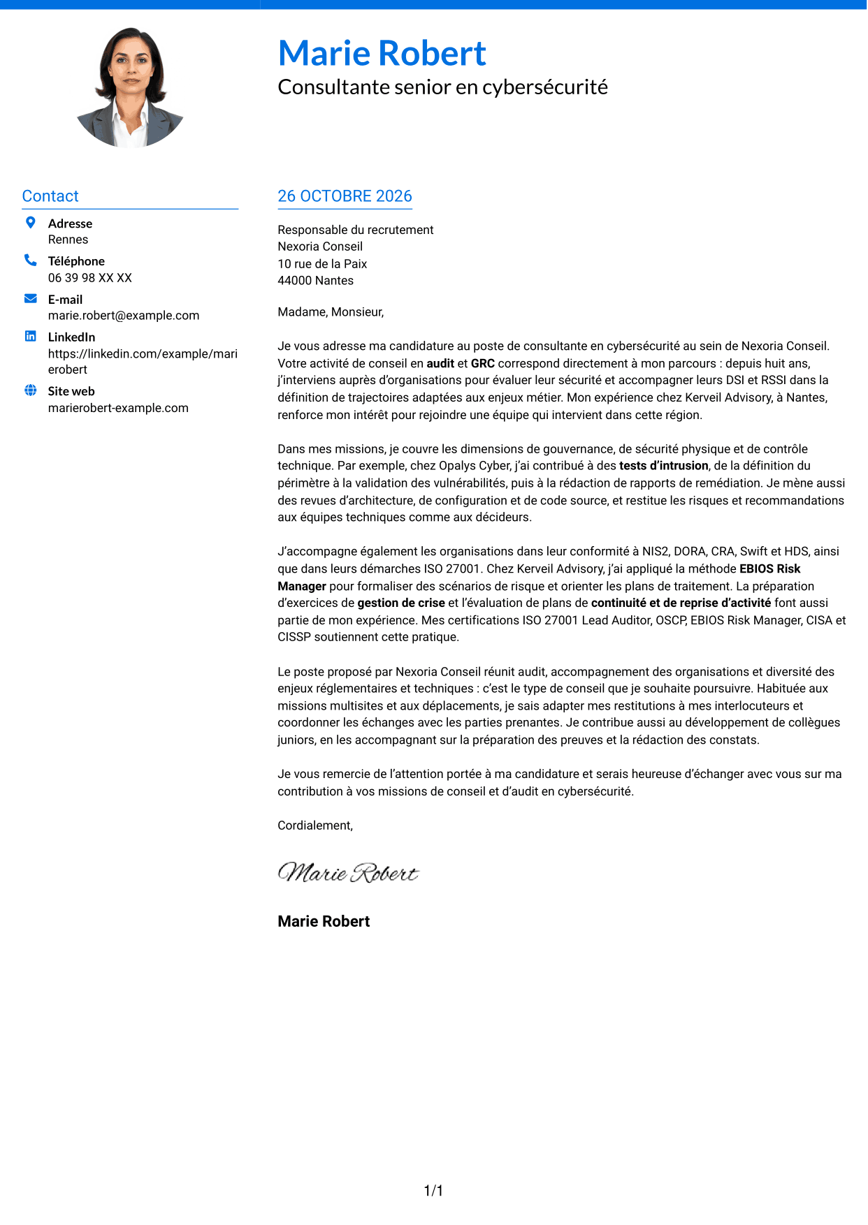 Lettre de motivation Audacieux (format à deux colonnes avec accents colorés et photo) : Consultant junior en cybersécurité - Audit et GRC, page 1