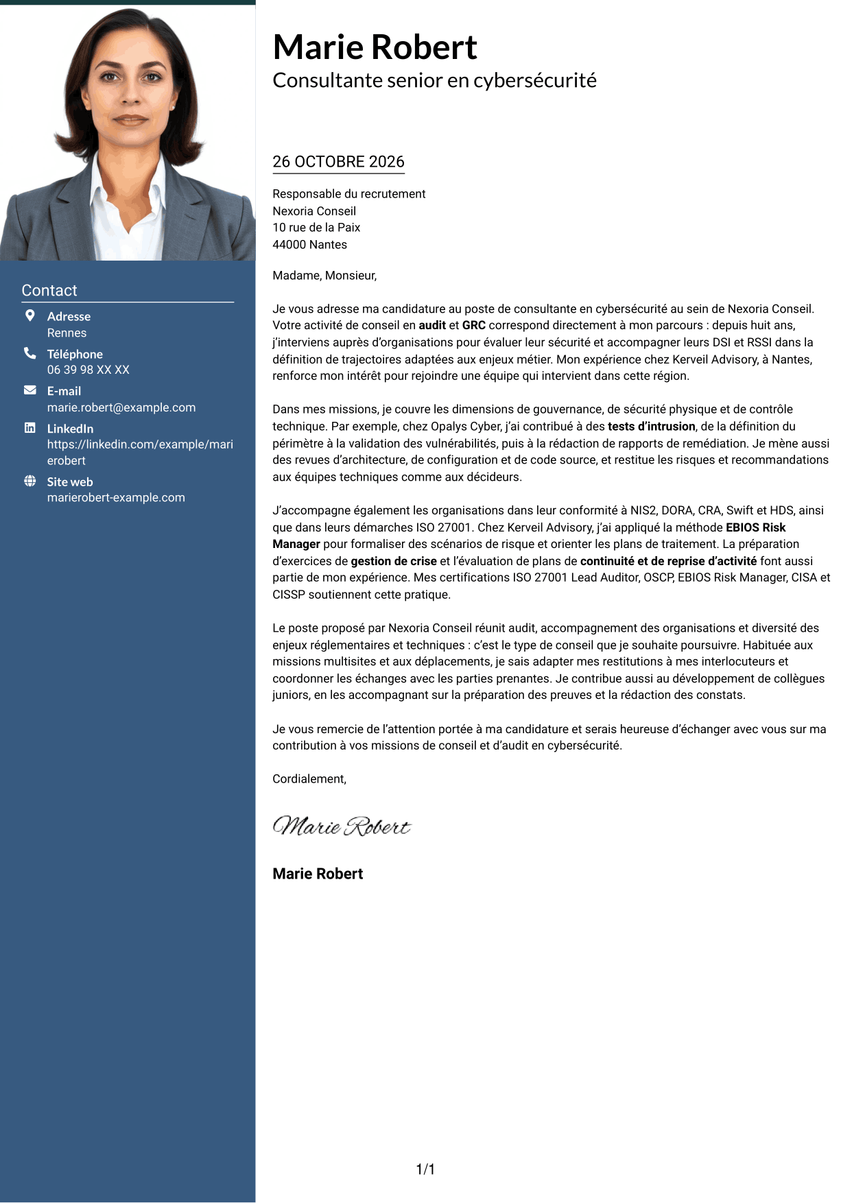 Lettre de motivation Signature (format à colonne latérale colorée avec grande photo) : Consultant junior en cybersécurité - Audit et GRC, page 1