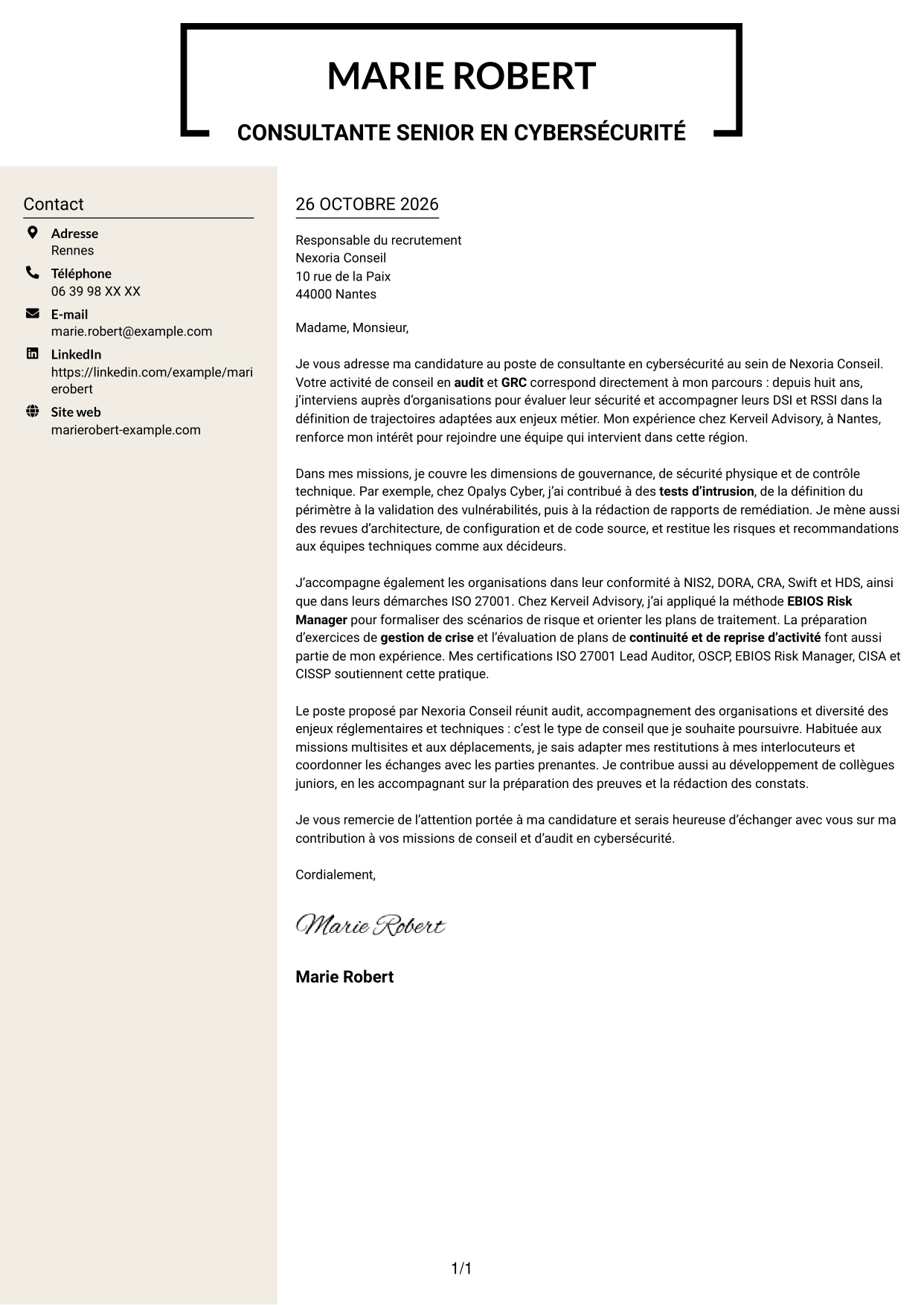 Lettre de motivation Fonceur (format à deux colonnes avec en-tête centré sans photo) : Consultant junior en cybersécurité - Audit et GRC, page 1