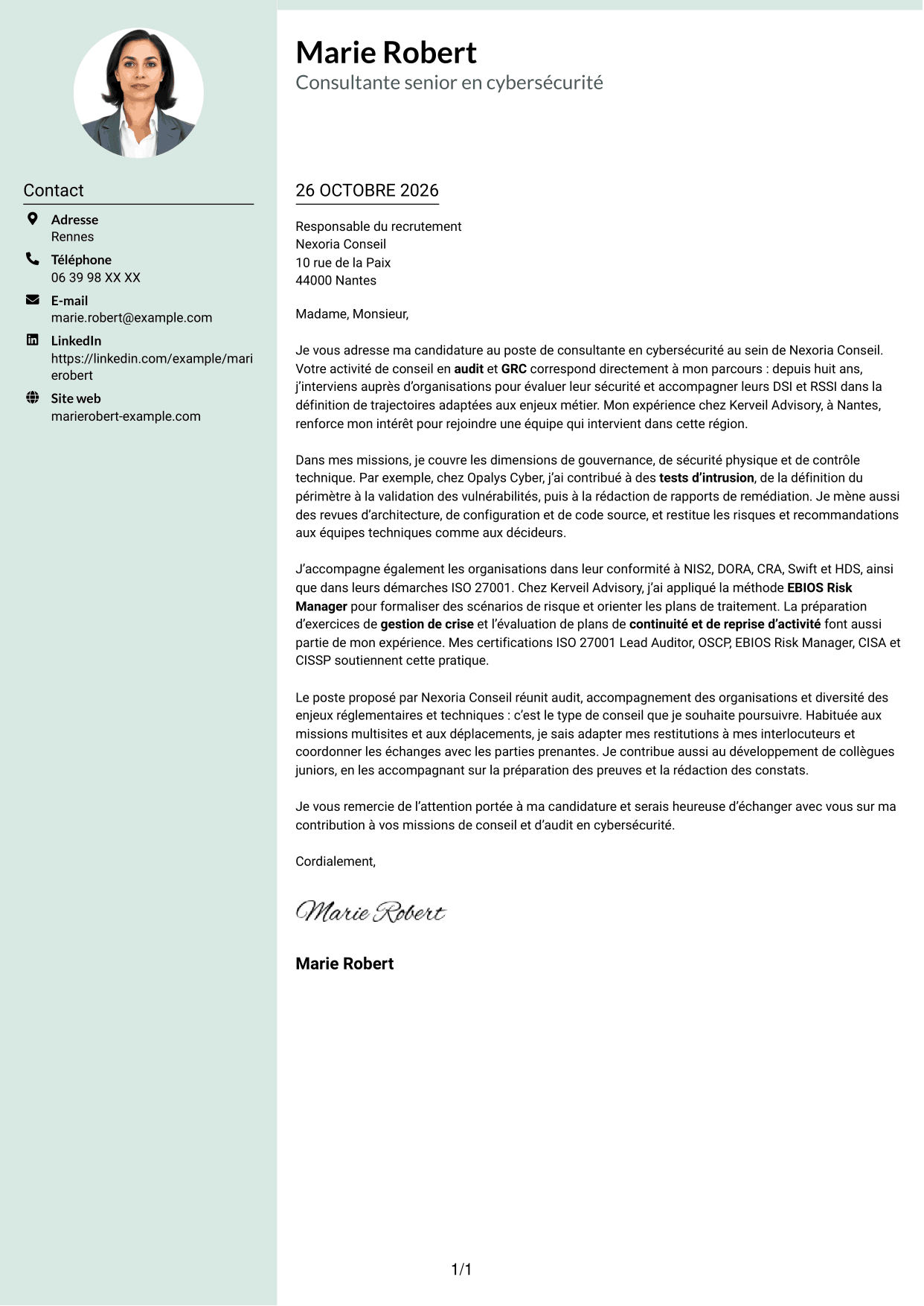 Lettre de motivation Cadre (format à colonne latérale douce avec photo arrondie) : Consultant junior en cybersécurité - Audit et GRC, page 1