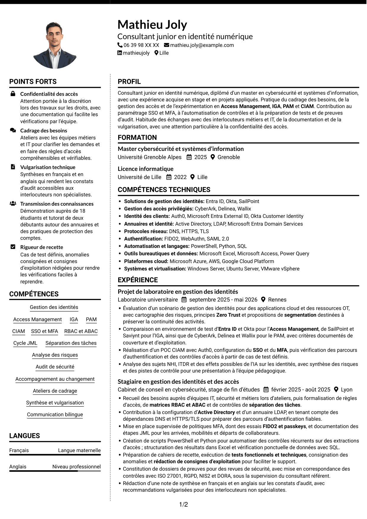 CV Moderne (format à deux colonnes avec photo à gauche et séparateur) : Consultant junior - Identité numérique, page 1