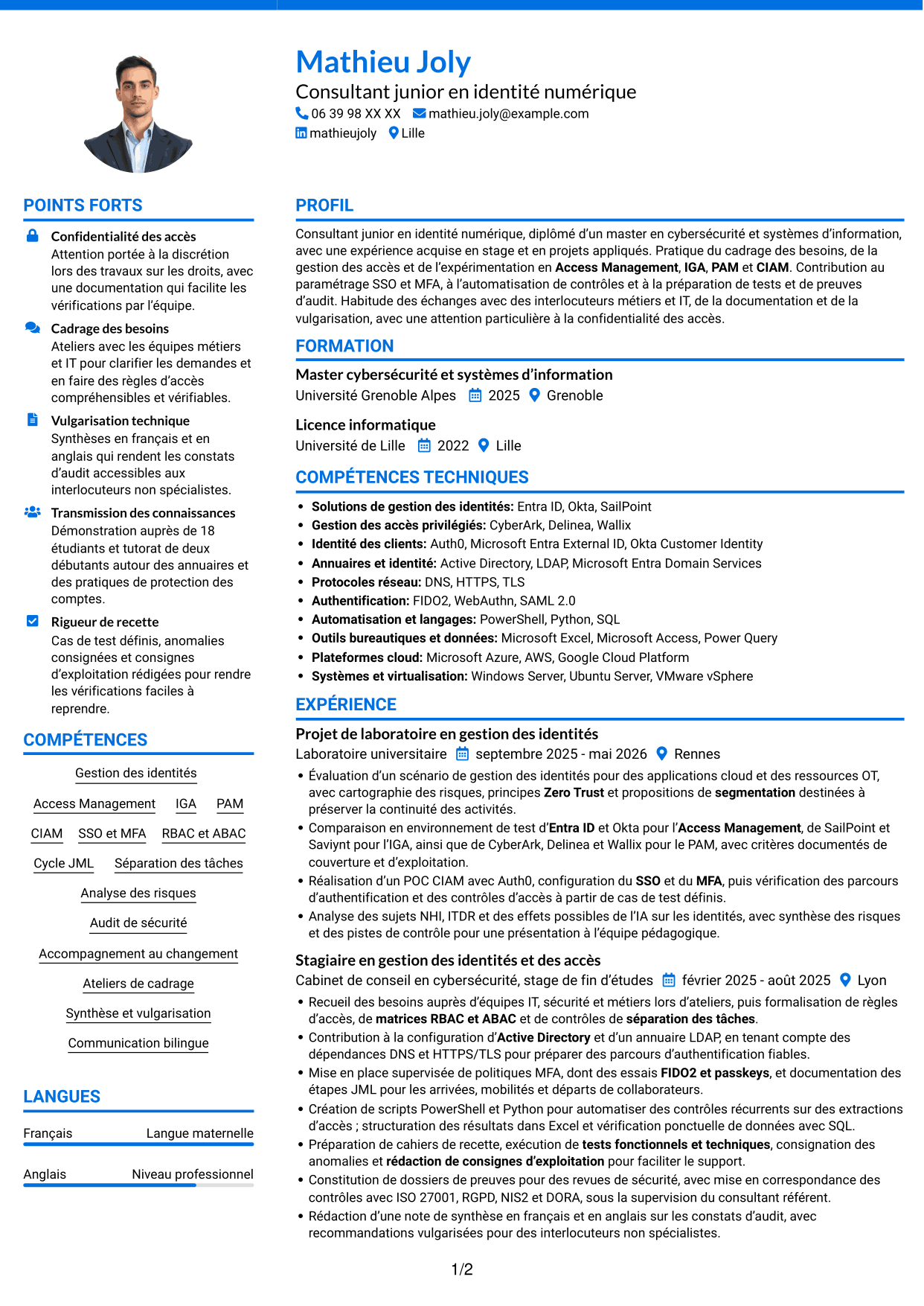 CV Audacieux (format à deux colonnes avec accents colorés et photo) : Consultant junior - Identité numérique, page 1