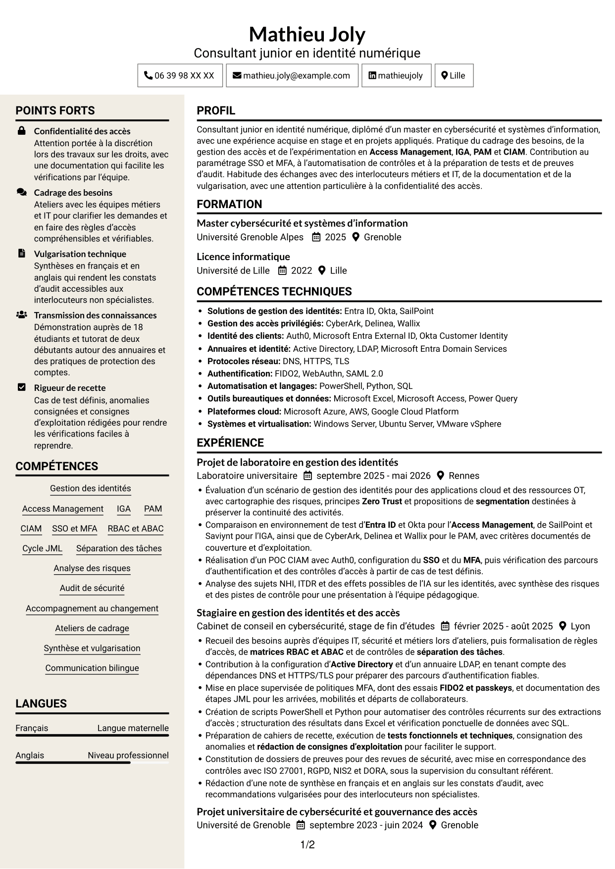 CV Fonceur (format à deux colonnes avec en-tête centré sans photo) : Consultant junior - Identité numérique, page 1