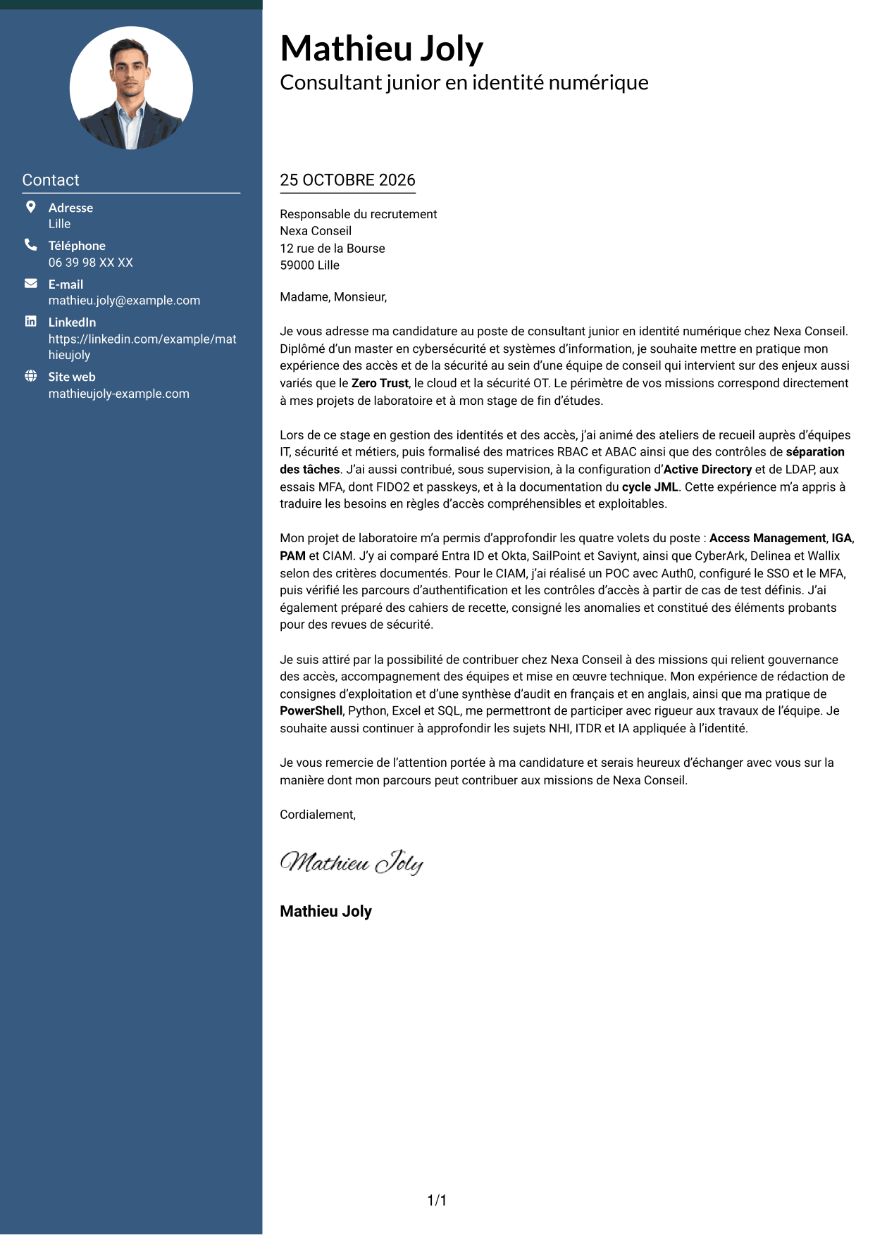 Lettre de motivation Élégant (format à colonne latérale colorée avec photo) : Consultant junior - Identité numérique, page 1