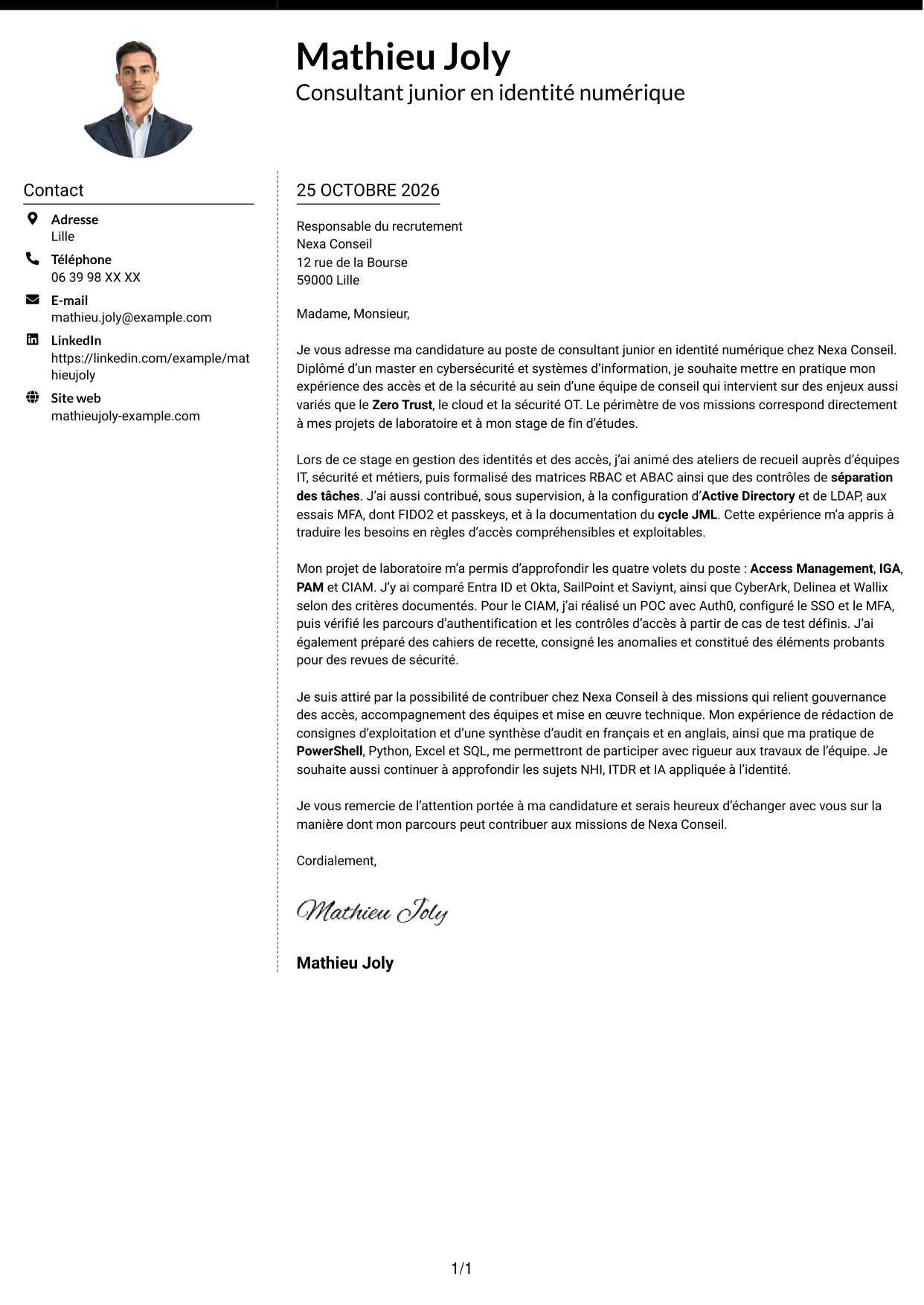 Lettre de motivation Moderne (format à deux colonnes avec photo à gauche et séparateur) : Consultant junior - Identité numérique, page 1