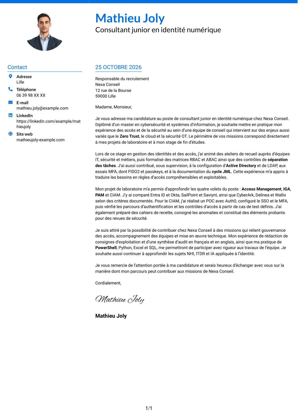 Lettre de motivation Audacieux (format à deux colonnes avec accents colorés et photo) : Consultant junior - Identité numérique, page 1