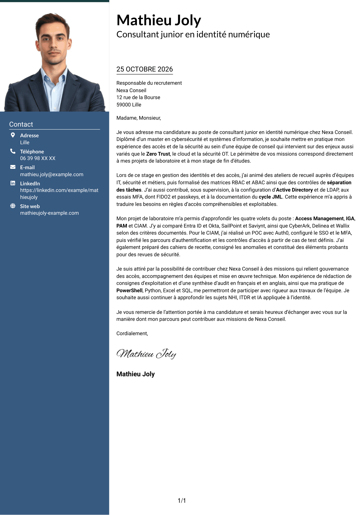 Lettre de motivation Signature (format à colonne latérale colorée avec grande photo) : Consultant junior - Identité numérique, page 1