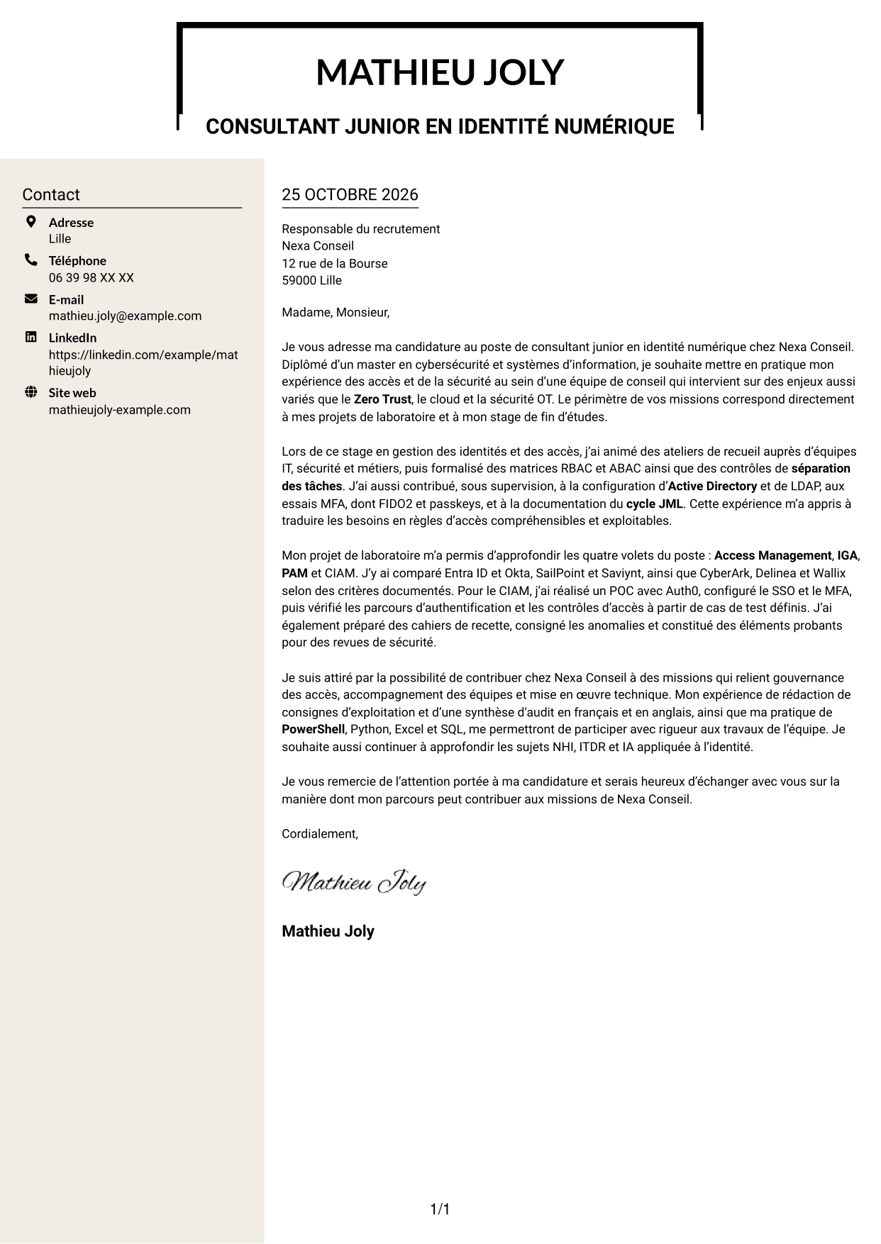 Lettre de motivation Fonceur (format à deux colonnes avec en-tête centré sans photo) : Consultant junior - Identité numérique, page 1