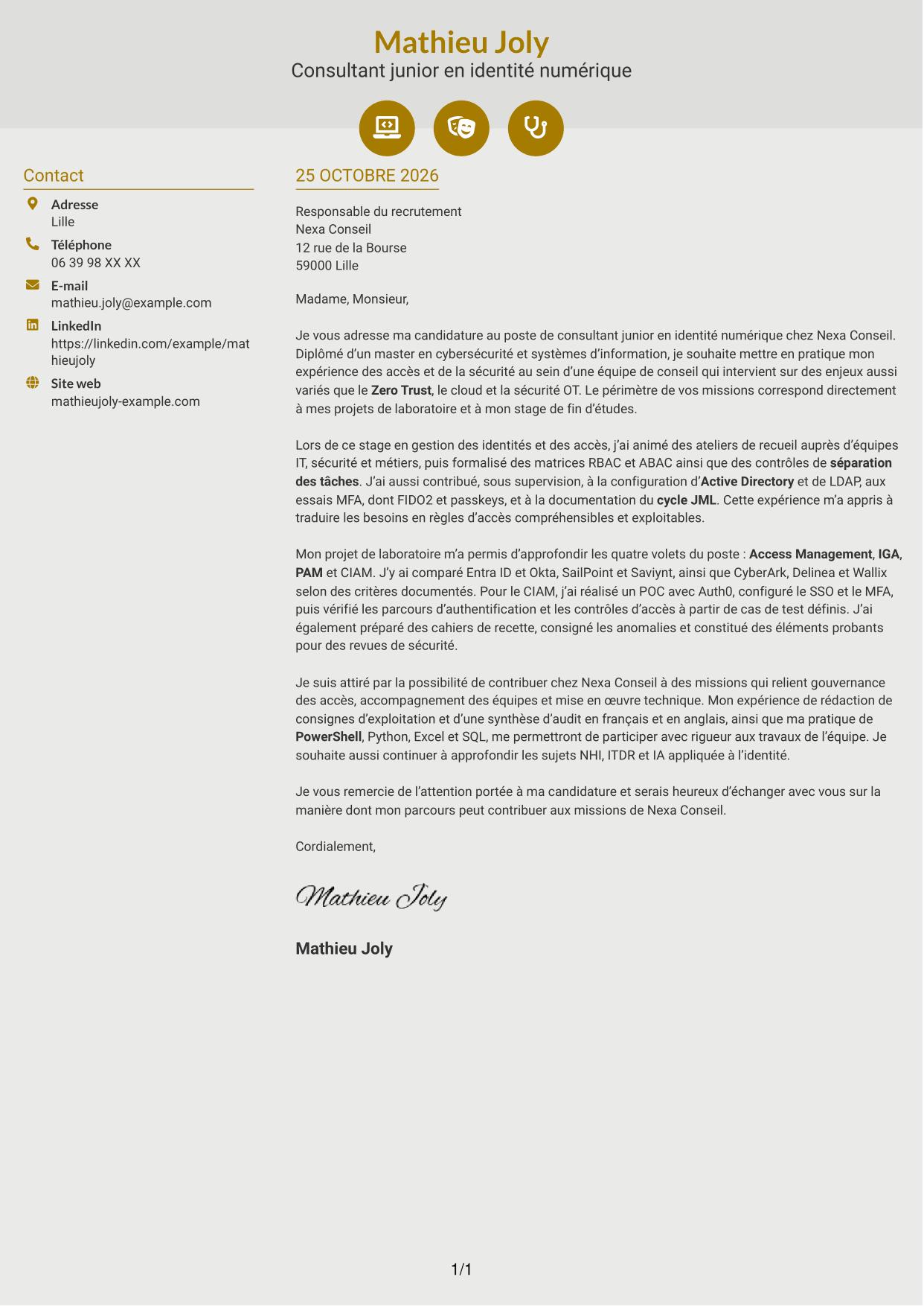 Lettre de motivation Dynamique (format à deux colonnes avec icônes) : Consultant junior - Identité numérique, page 1