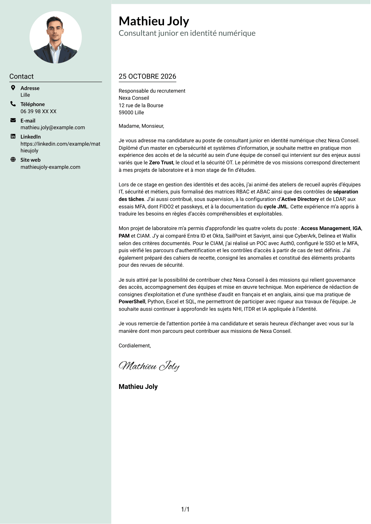 Lettre de motivation Cadre (format à colonne latérale douce avec photo arrondie) : Consultant junior - Identité numérique, page 1