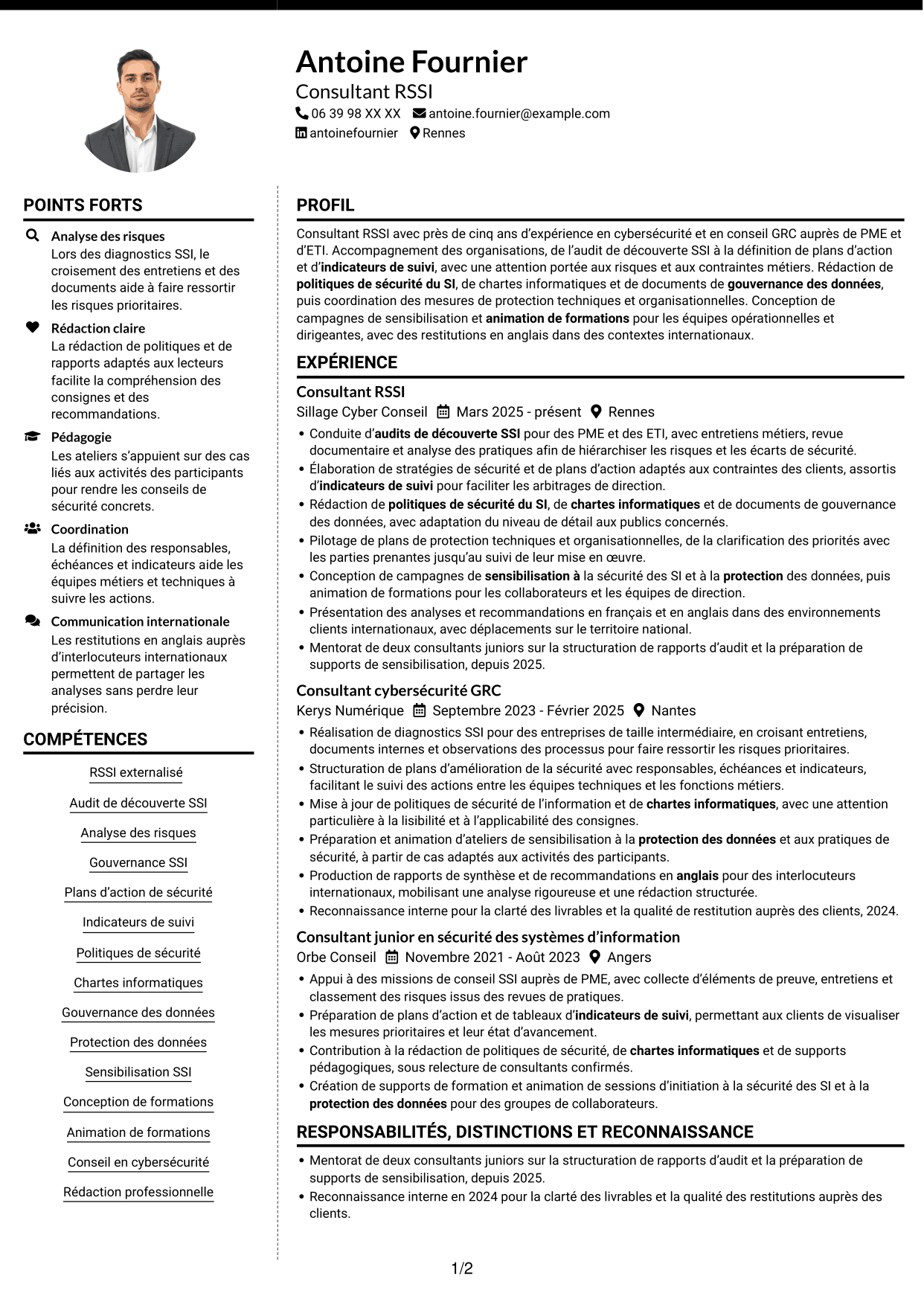 CV Moderne (format à deux colonnes avec photo à gauche et séparateur) : Consultant RSSI - Gouvernance SSI, page 1