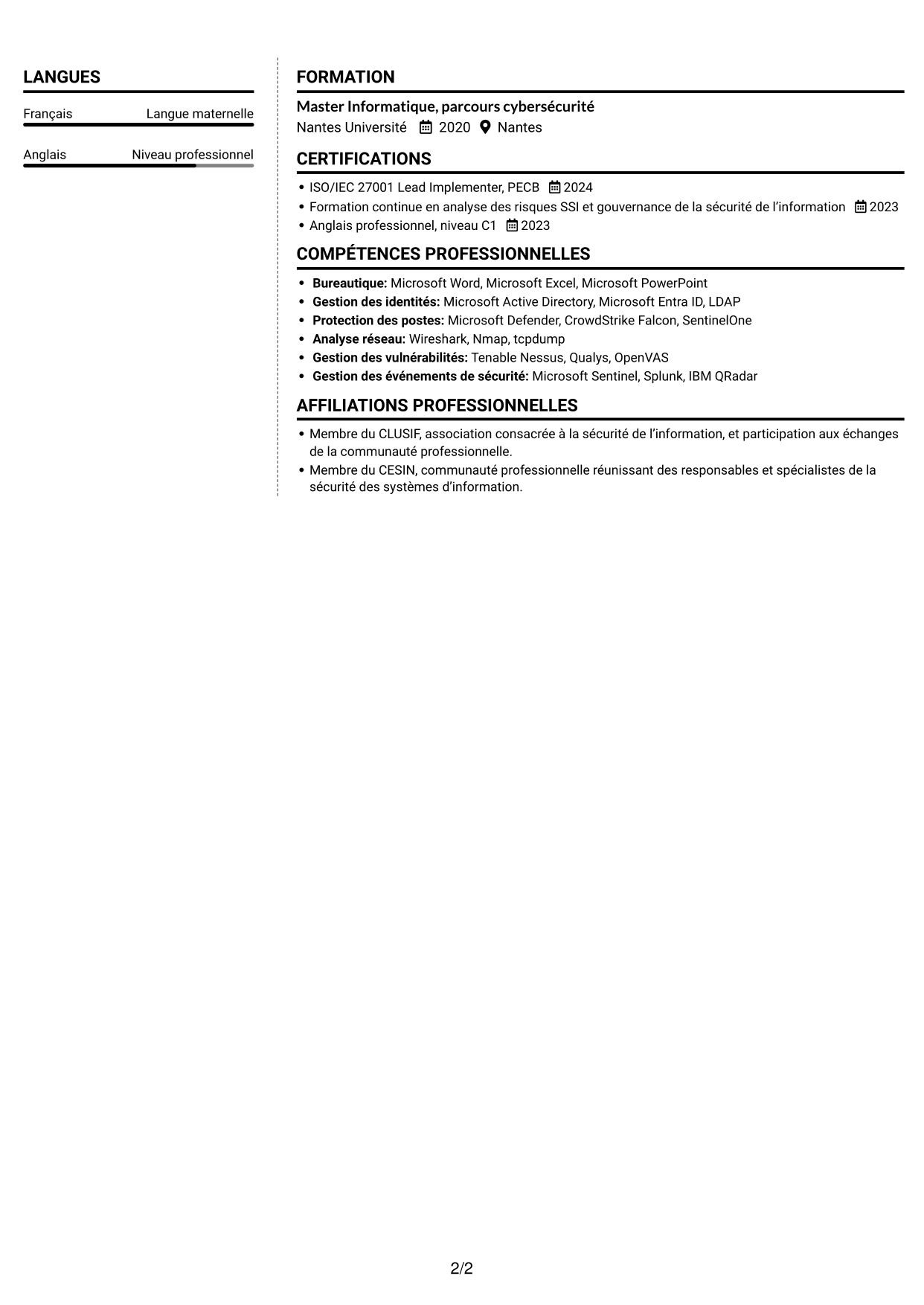 CV Moderne (format à deux colonnes avec photo à gauche et séparateur) : Consultant RSSI - Gouvernance SSI, page 2