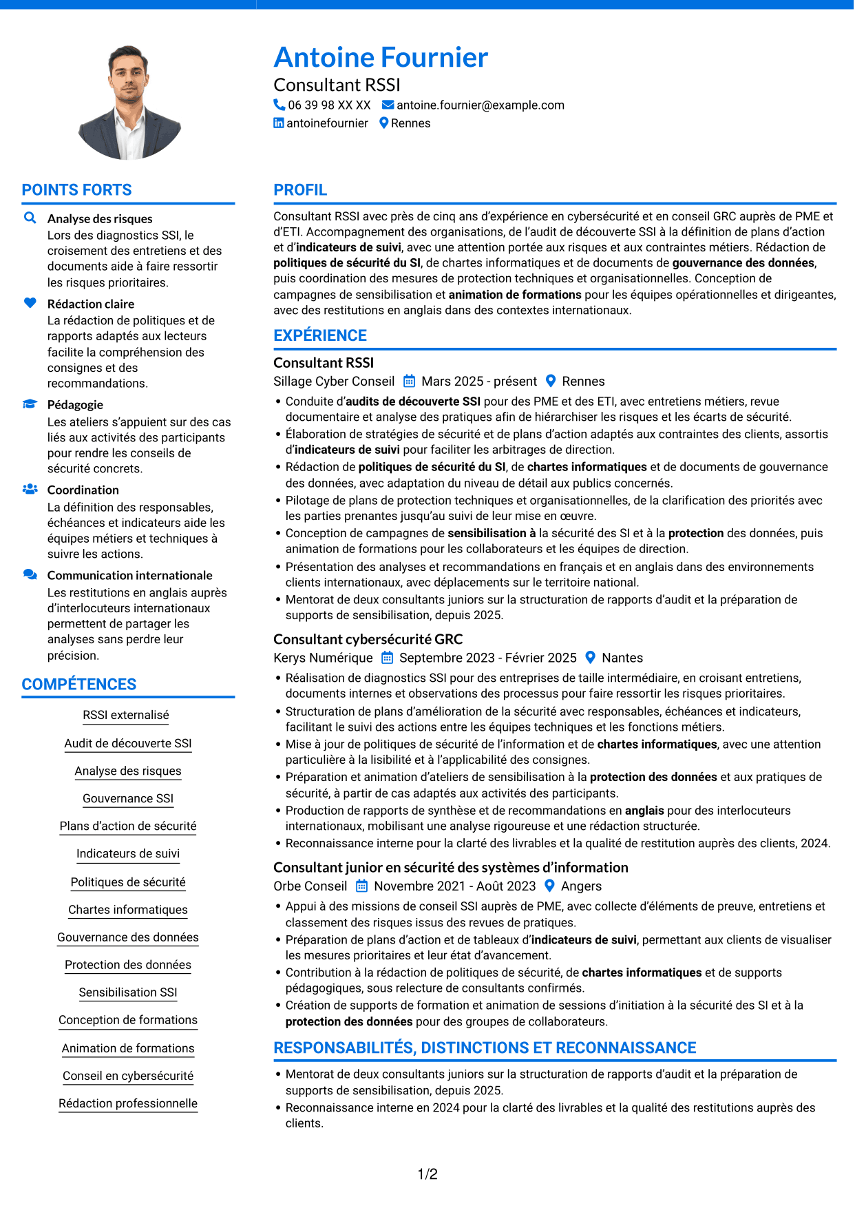 CV Audacieux (format à deux colonnes avec accents colorés et photo) : Consultant RSSI - Gouvernance SSI, page 1