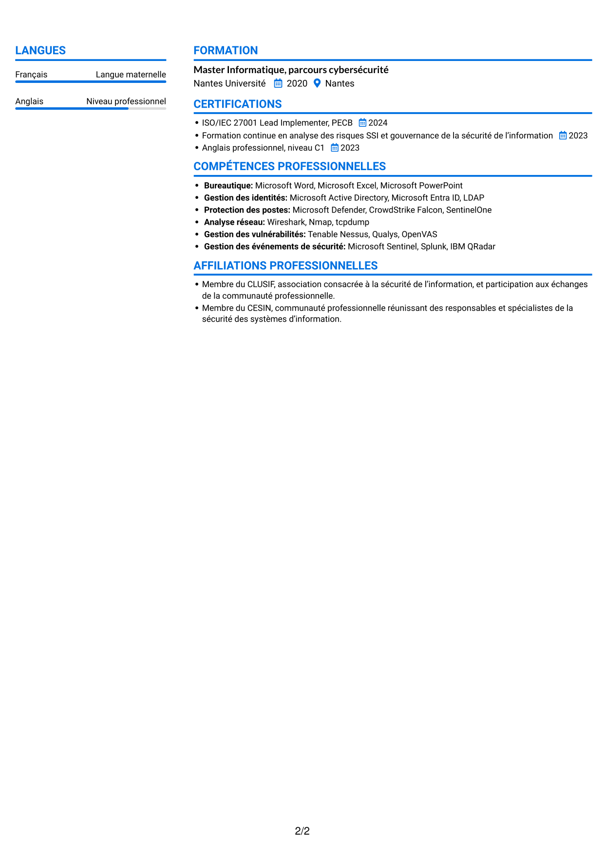 CV Audacieux (format à deux colonnes avec accents colorés et photo) : Consultant RSSI - Gouvernance SSI, page 2