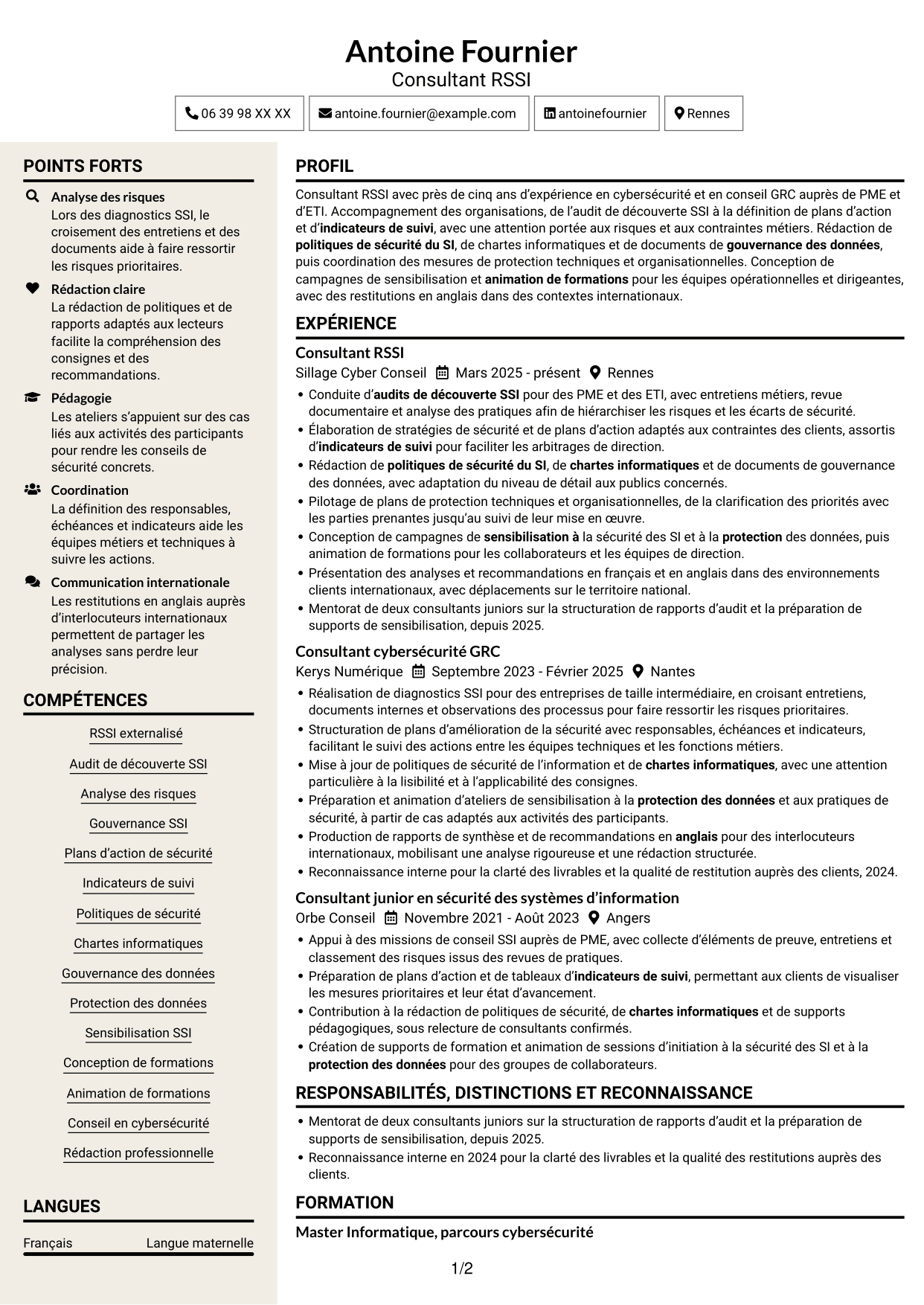 CV Fonceur (format à deux colonnes avec en-tête centré sans photo) : Consultant RSSI - Gouvernance SSI, page 1