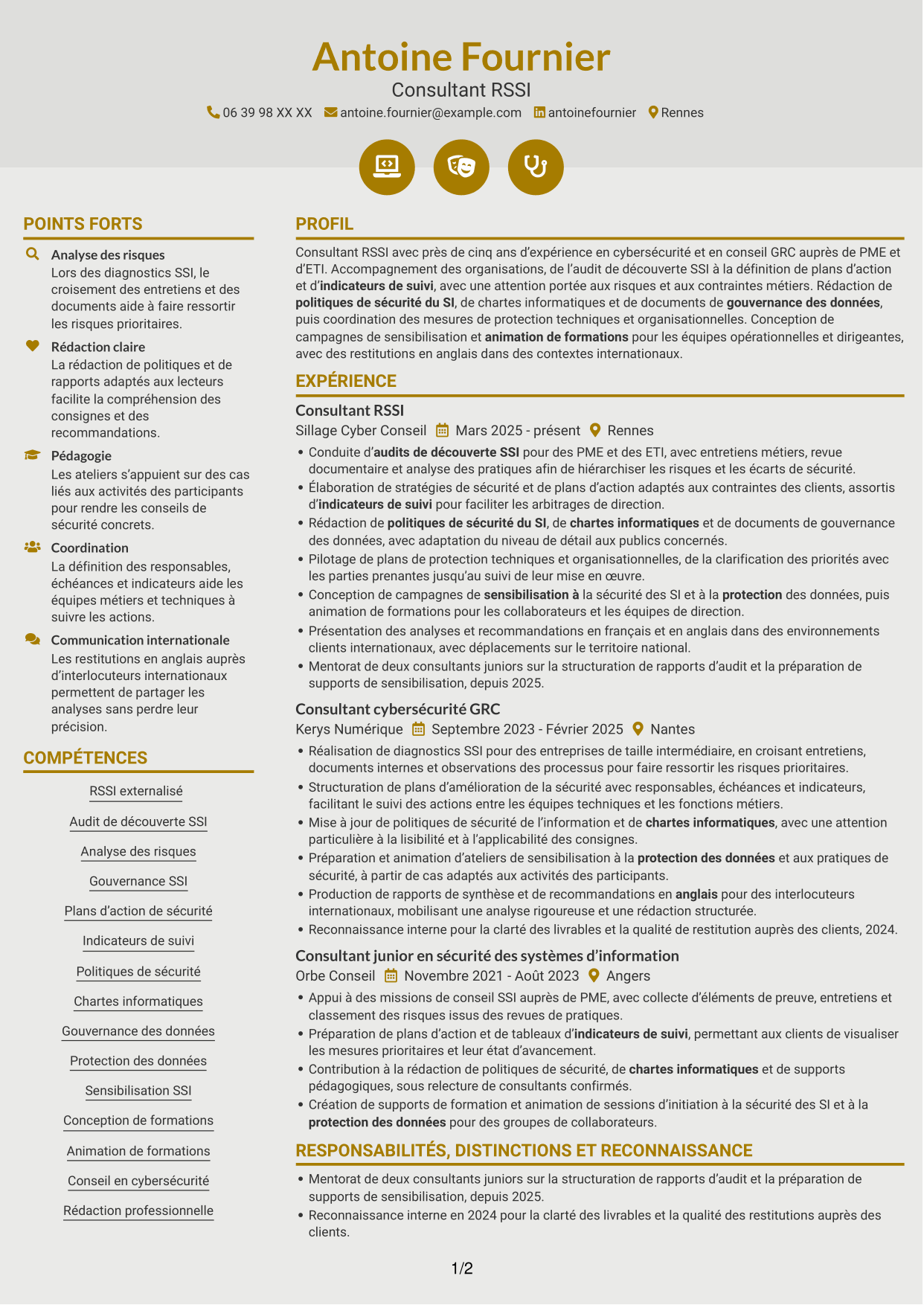 CV Dynamique (format à deux colonnes avec icônes) : Consultant RSSI - Gouvernance SSI, page 1