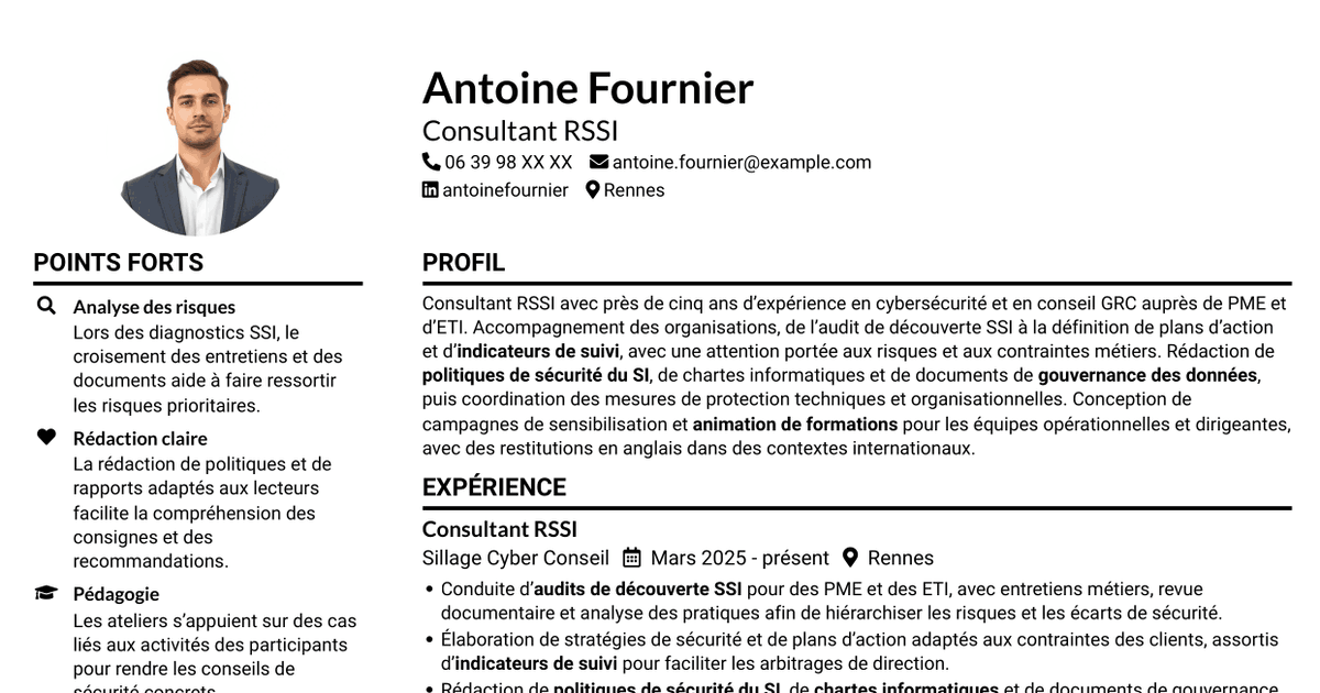 7 modèles de CV pour Consultant RSSI - Gouvernance SSI, avec exemples