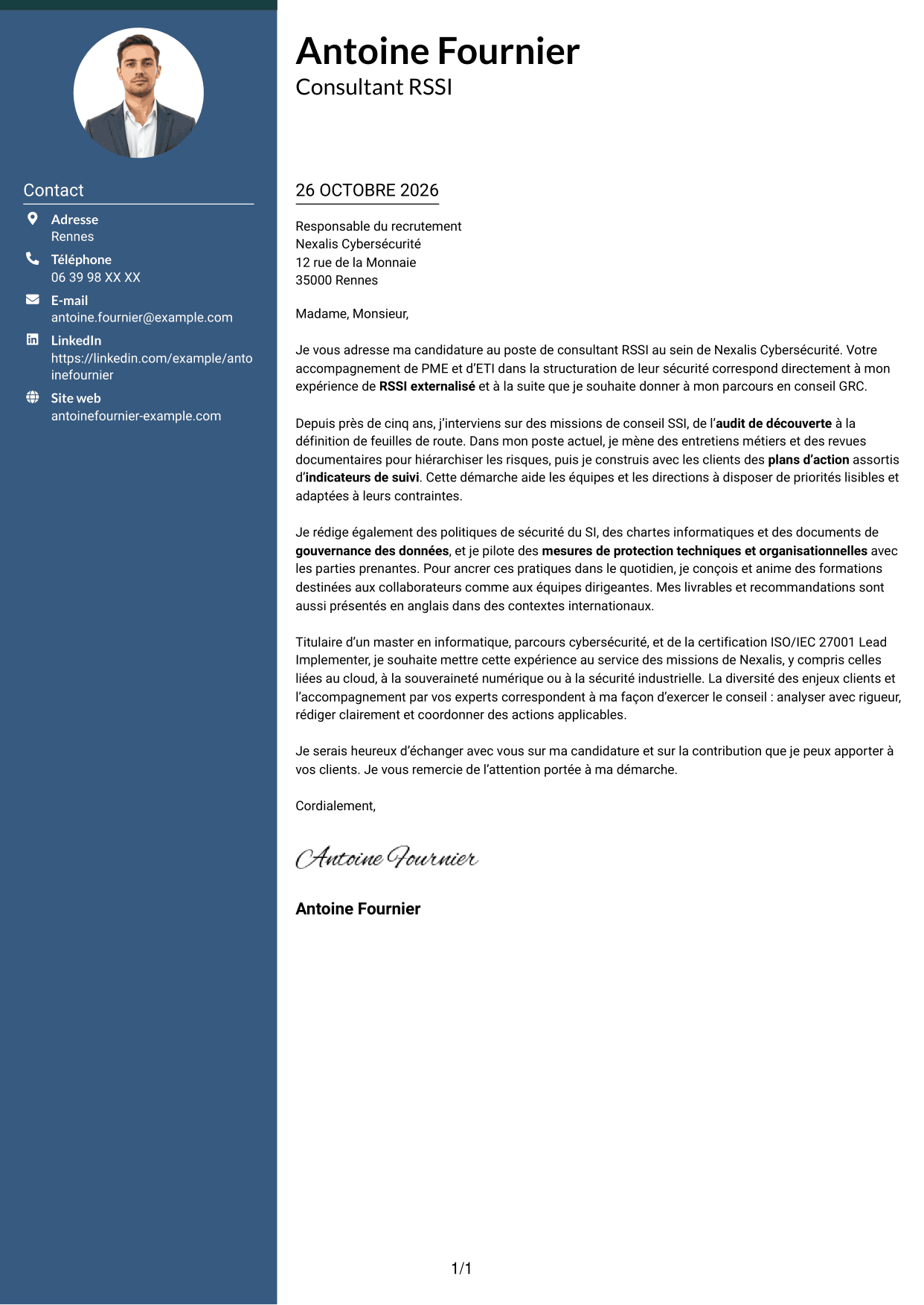 Lettre de motivation Élégant (format à colonne latérale colorée avec photo) : Consultant RSSI - Gouvernance SSI, page 1