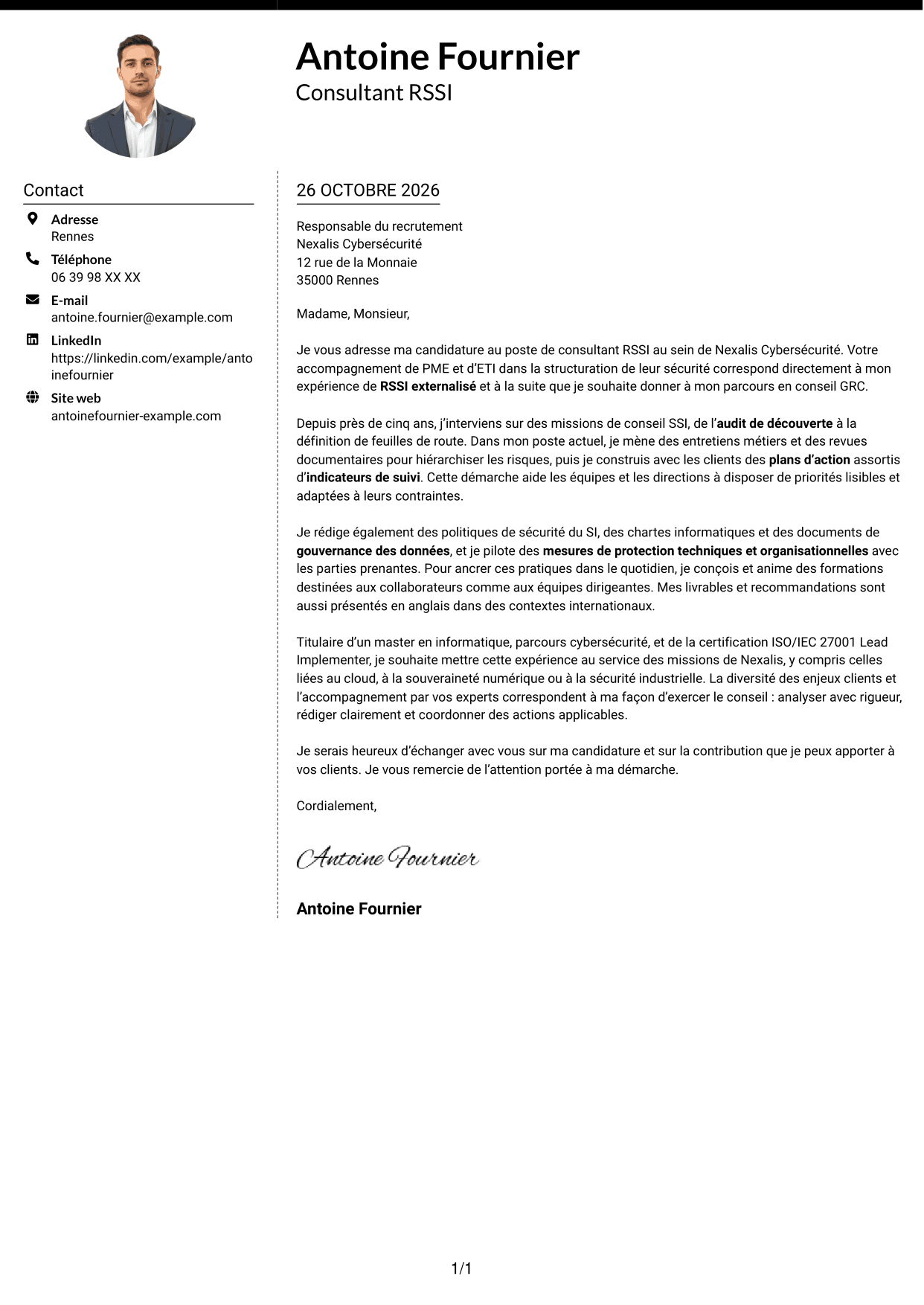 Lettre de motivation Moderne (format à deux colonnes avec photo à gauche et séparateur) : Consultant RSSI - Gouvernance SSI, page 1