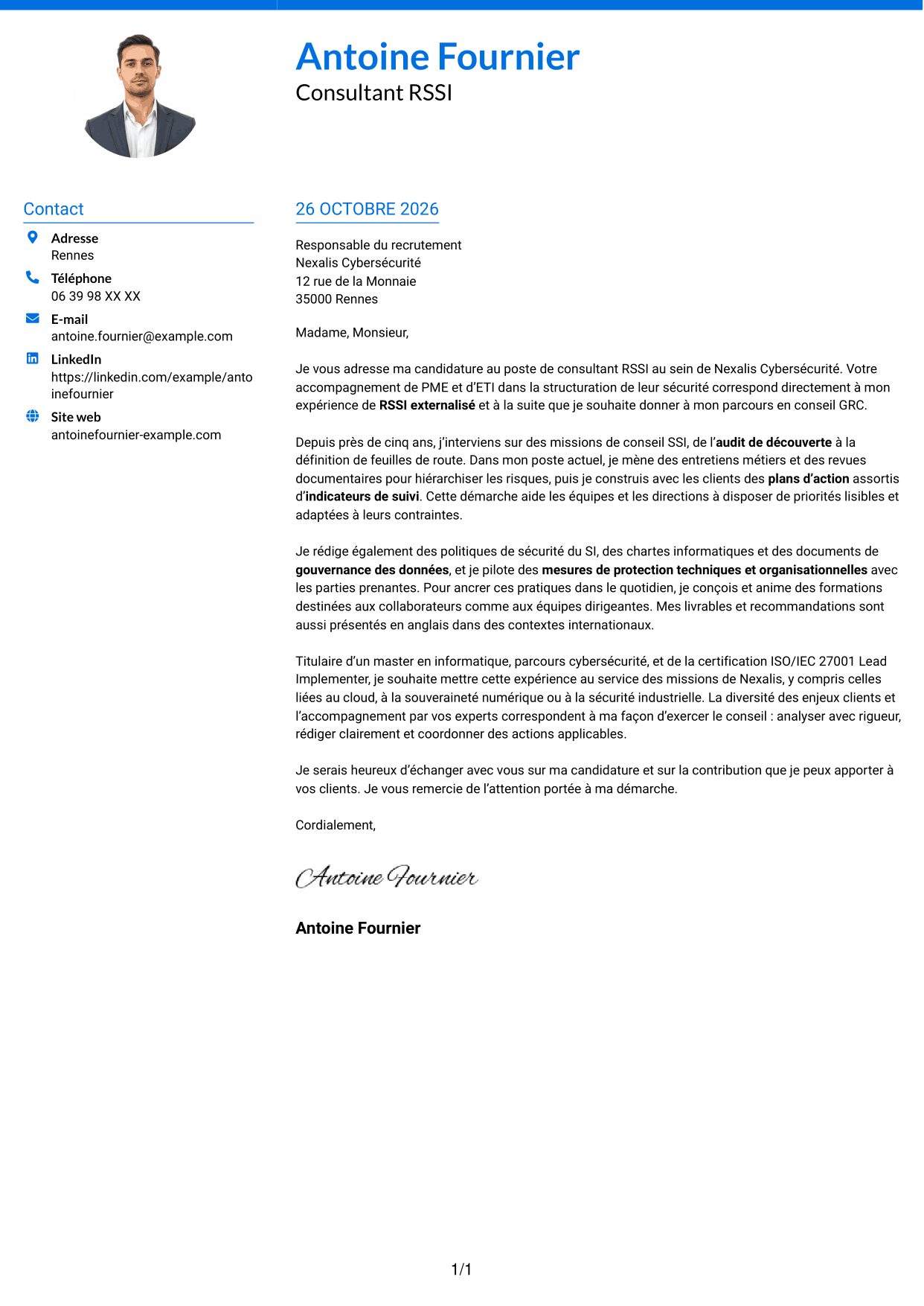 Lettre de motivation Audacieux (format à deux colonnes avec accents colorés et photo) : Consultant RSSI - Gouvernance SSI, page 1