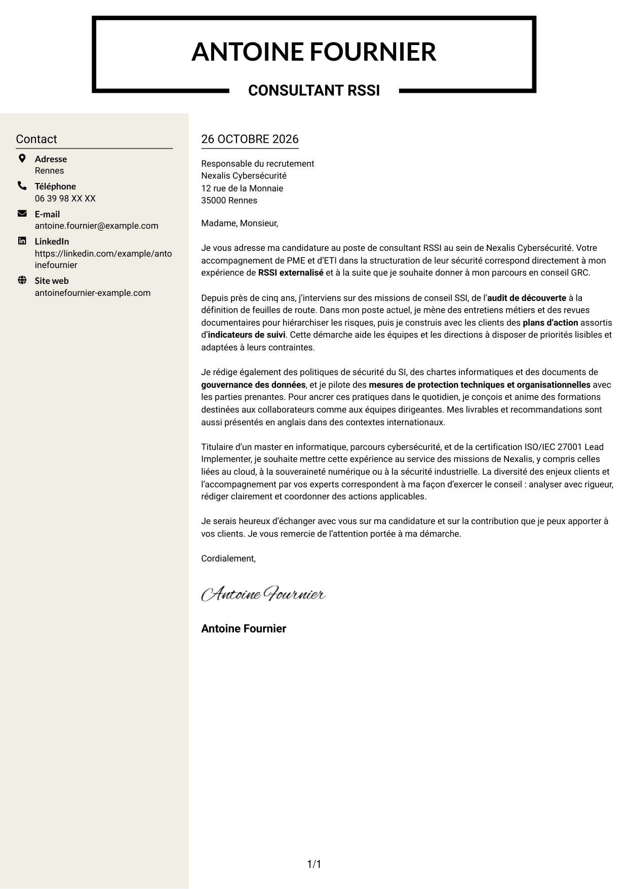 Lettre de motivation Fonceur (format à deux colonnes avec en-tête centré sans photo) : Consultant RSSI - Gouvernance SSI, page 1