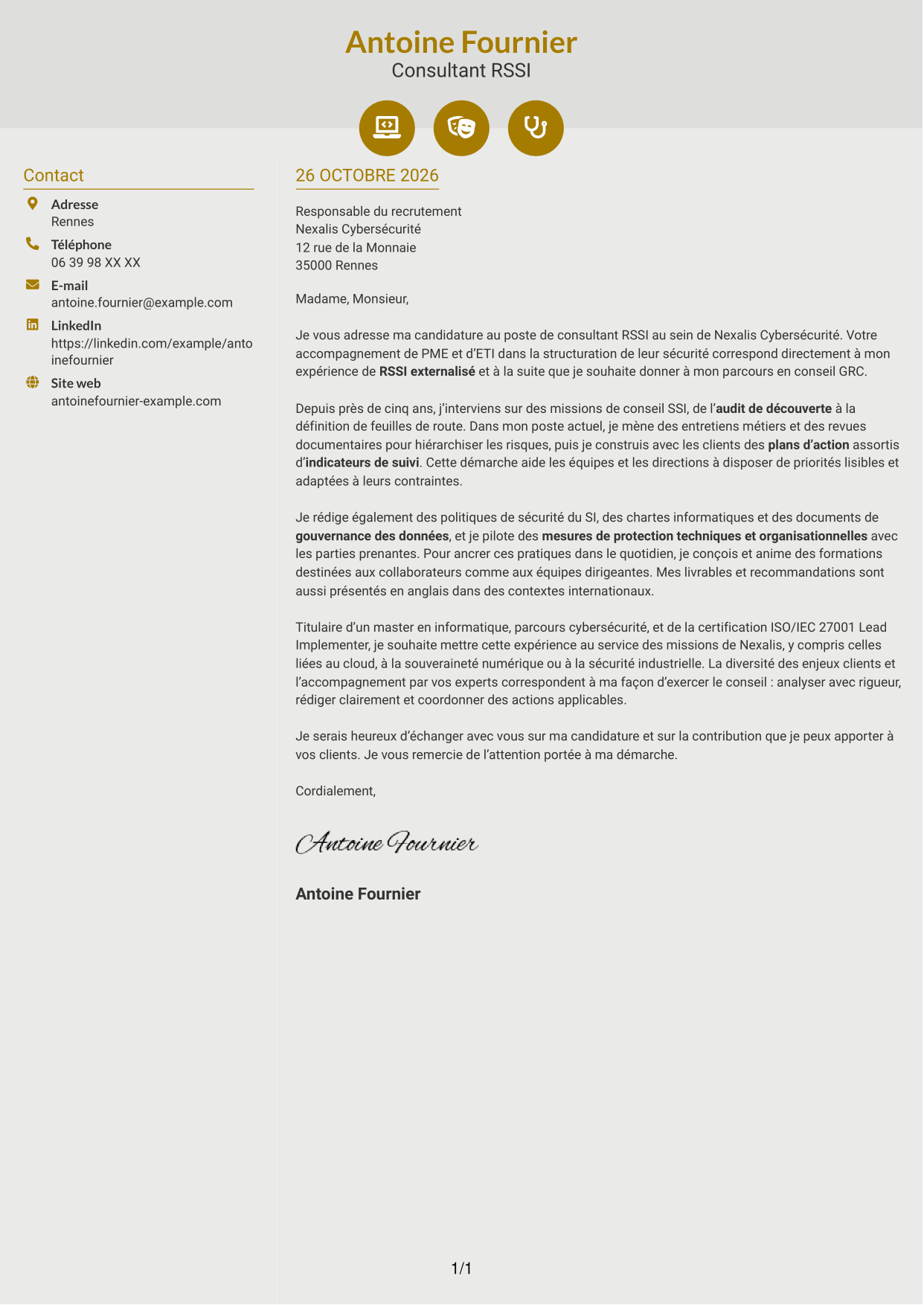 Lettre de motivation Dynamique (format à deux colonnes avec icônes) : Consultant RSSI - Gouvernance SSI, page 1