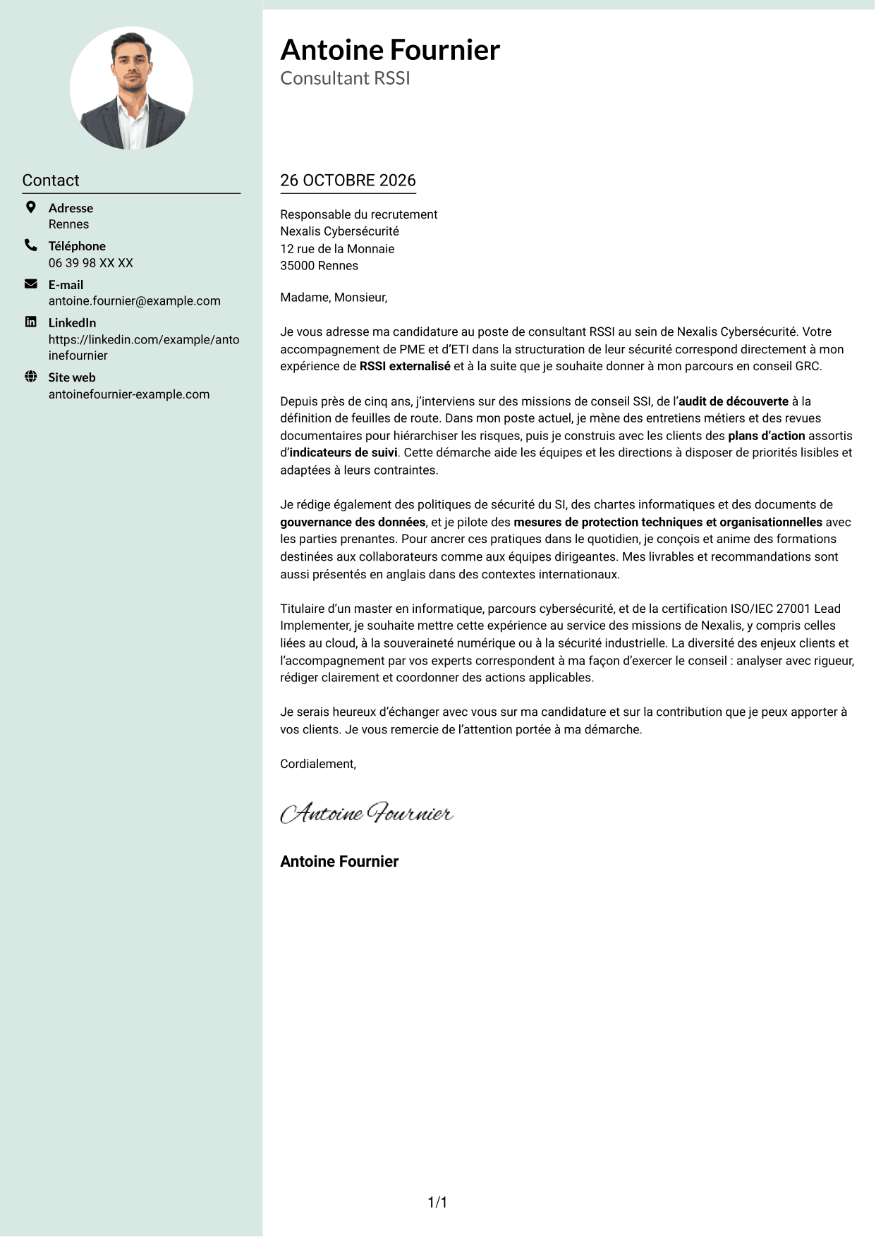 Lettre de motivation Cadre (format à colonne latérale douce avec photo arrondie) : Consultant RSSI - Gouvernance SSI, page 1
