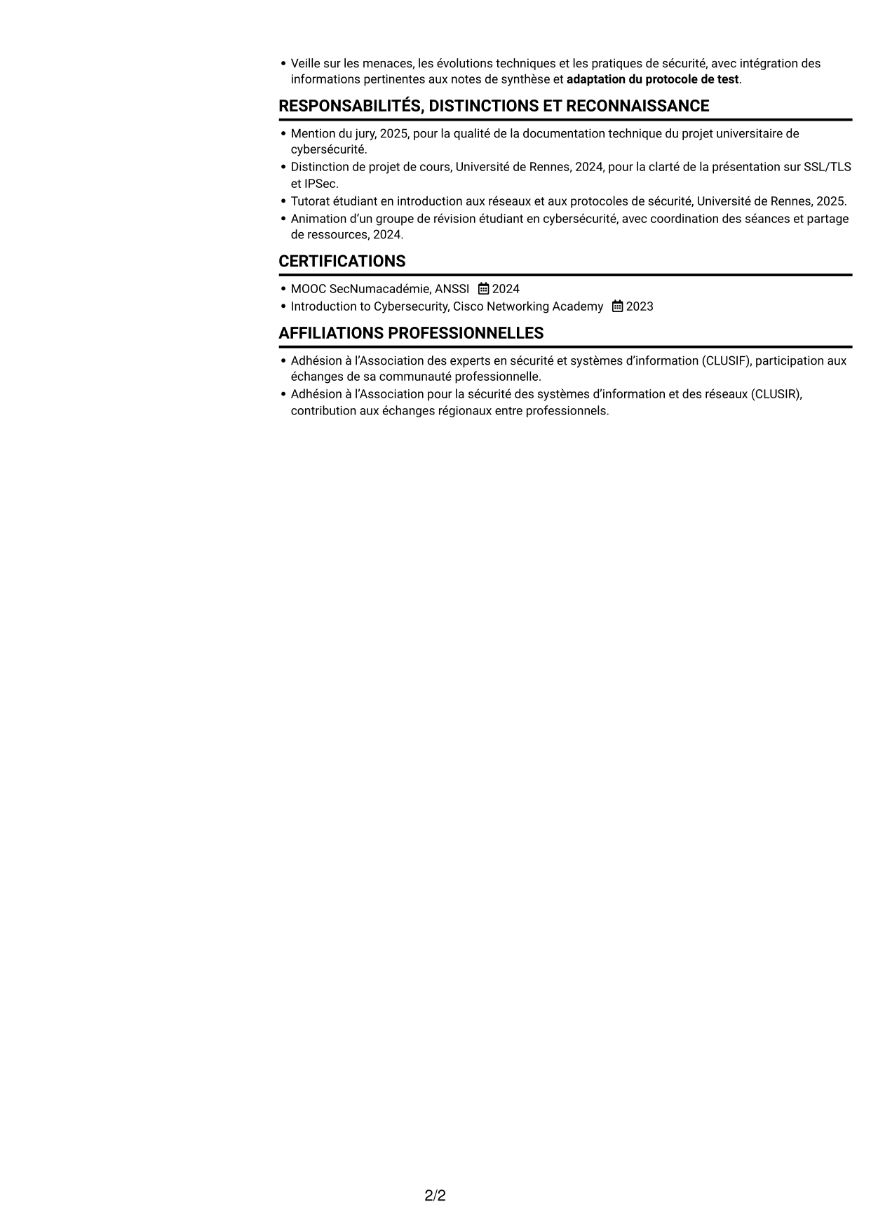 CV Compact (format sobre à deux colonnes avec photo) : Consultante junior en cybersécurité - PKI, page 2