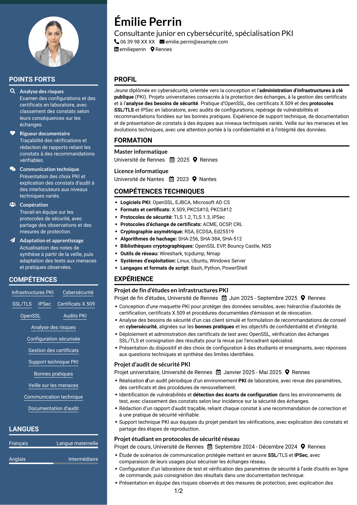 CV Élégant (format à colonne latérale colorée avec photo) : Consultante junior en cybersécurité - PKI, page 1