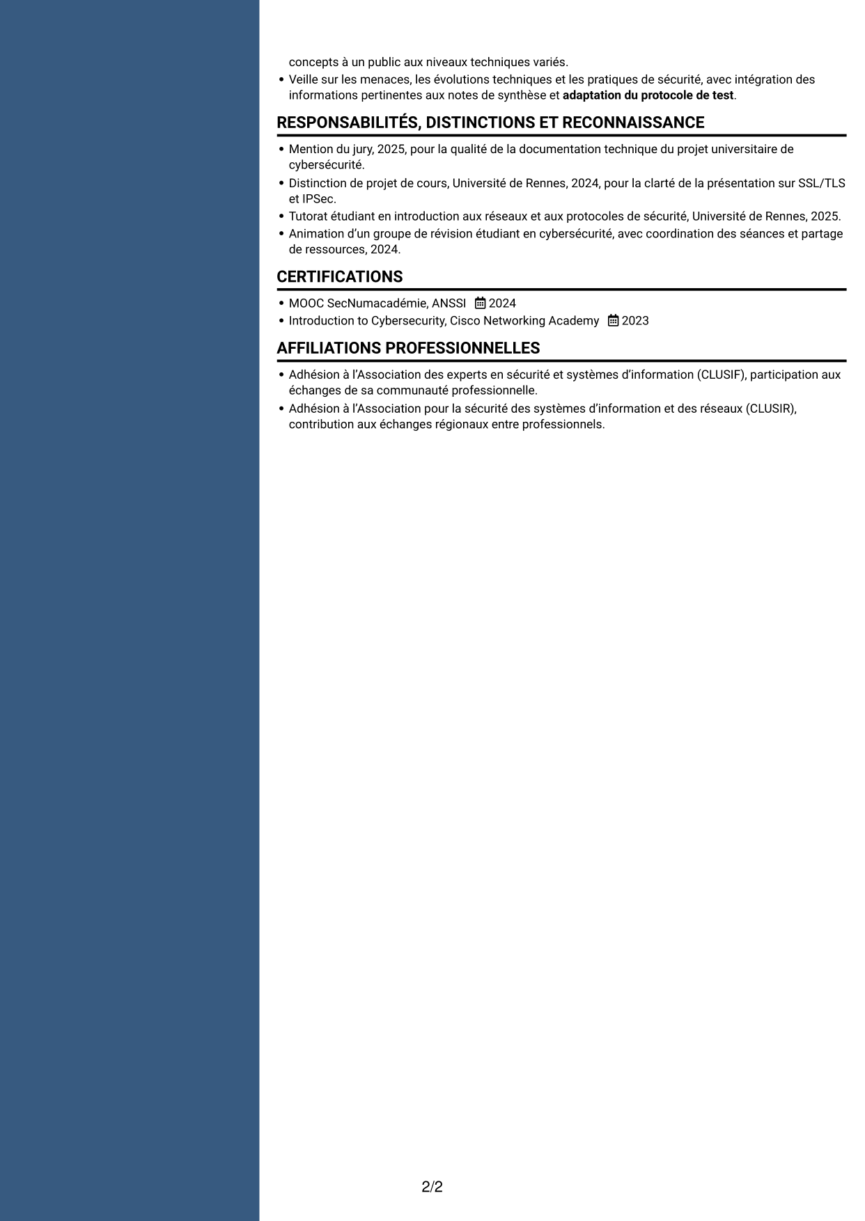 CV Élégant (format à colonne latérale colorée avec photo) : Consultante junior en cybersécurité - PKI, page 2