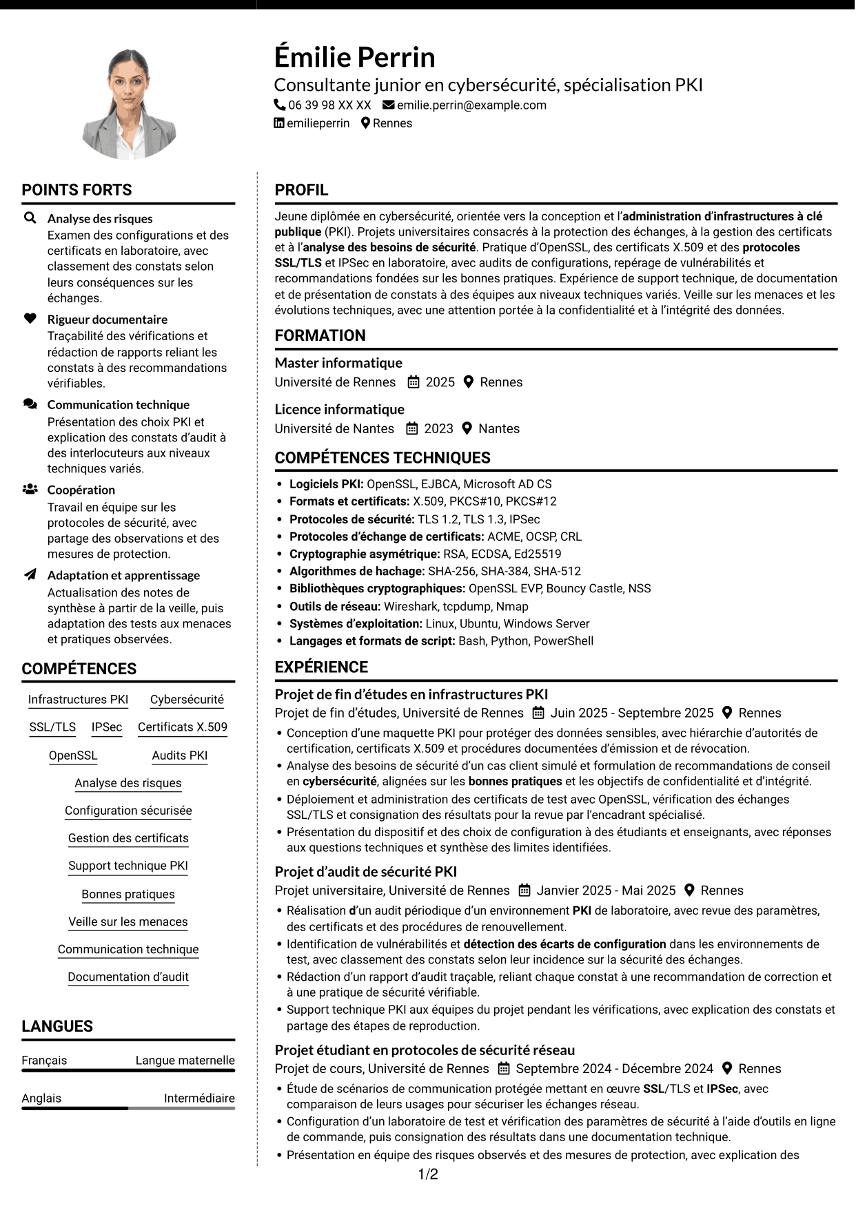 CV Moderne (format à deux colonnes avec photo à gauche et séparateur) : Consultante junior en cybersécurité - PKI, page 1