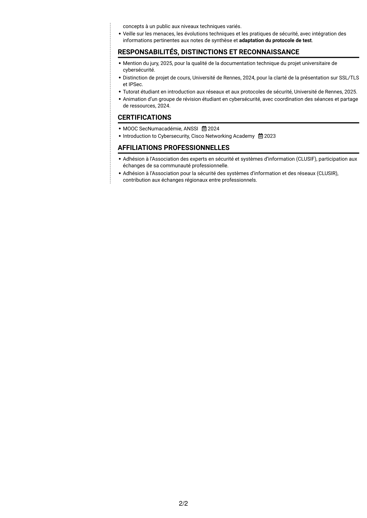 CV Moderne (format à deux colonnes avec photo à gauche et séparateur) : Consultante junior en cybersécurité - PKI, page 2