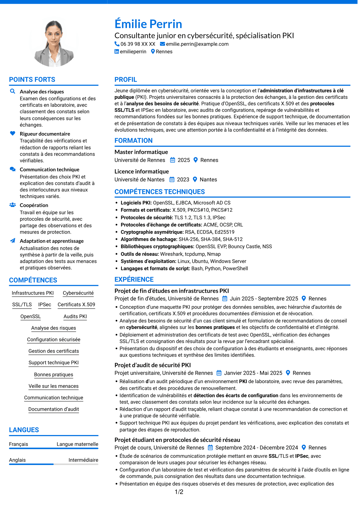 CV Audacieux (format à deux colonnes avec accents colorés et photo) : Consultante junior en cybersécurité - PKI, page 1