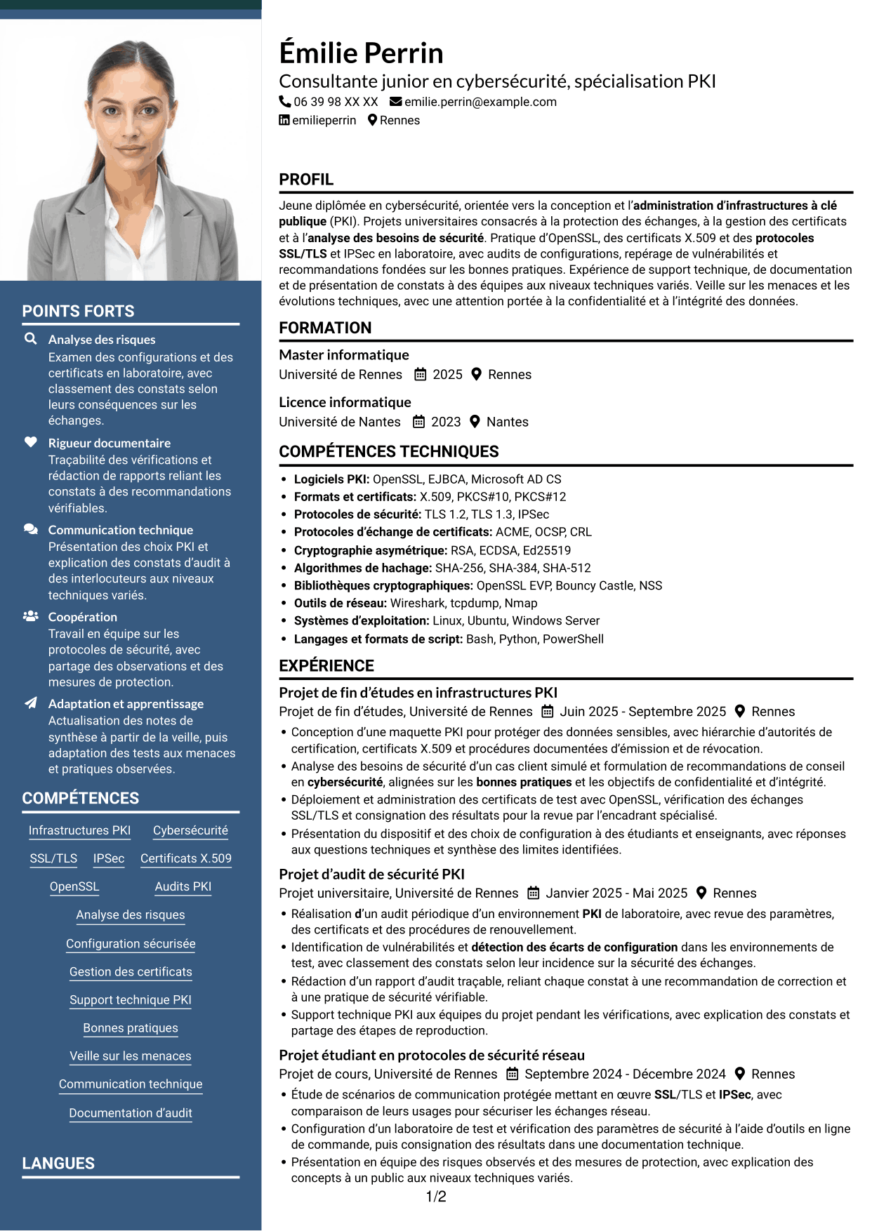CV Signature (format à colonne latérale colorée avec grande photo) : Consultante junior en cybersécurité - PKI, page 1