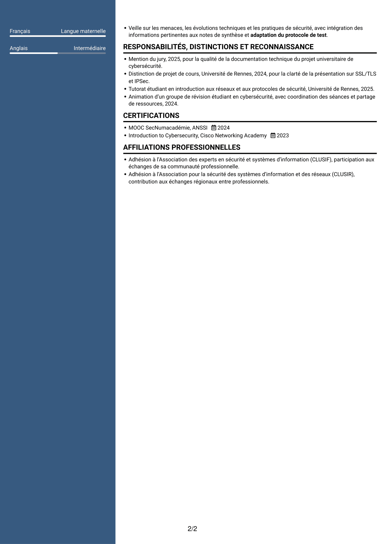 CV Signature (format à colonne latérale colorée avec grande photo) : Consultante junior en cybersécurité - PKI, page 2