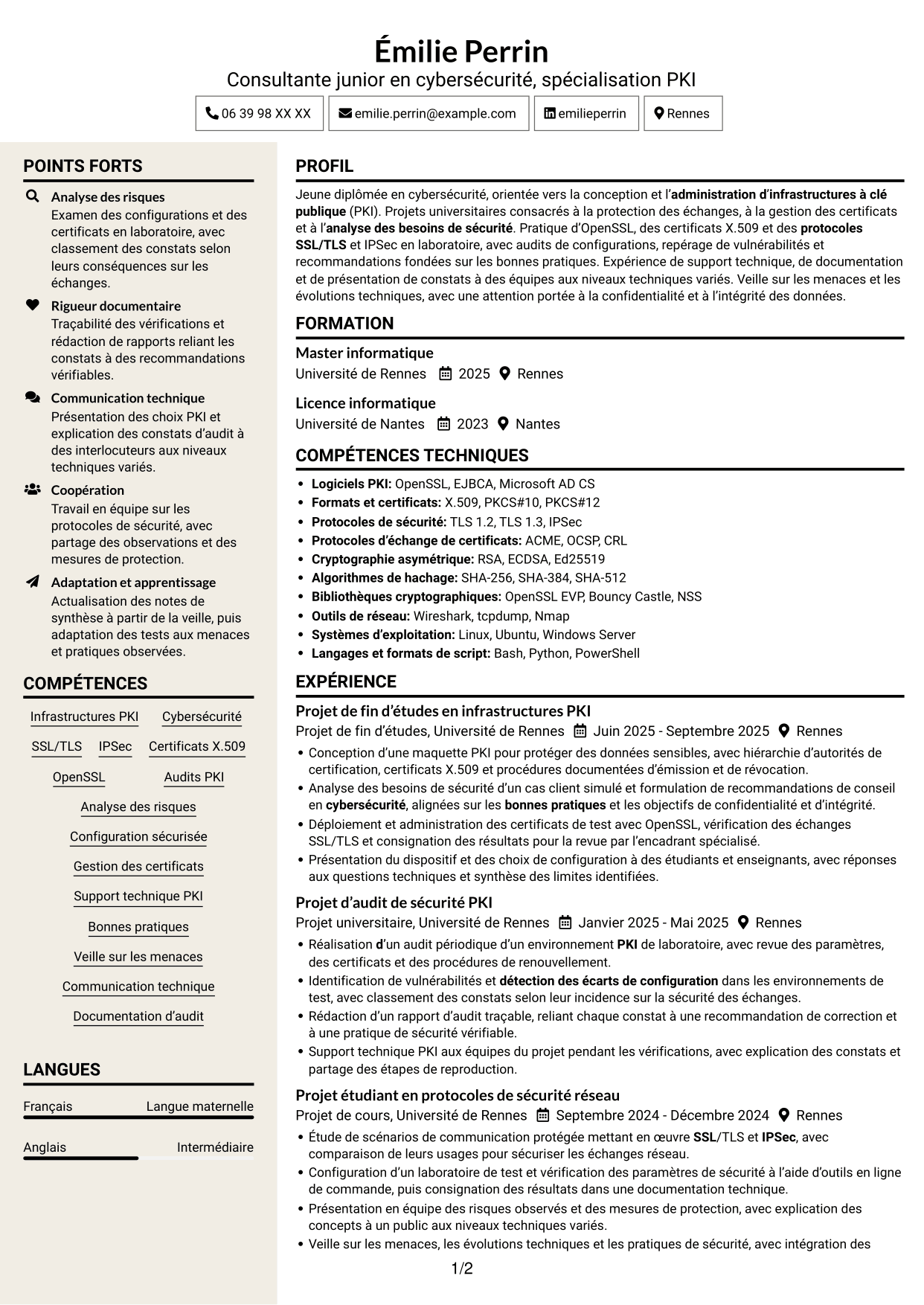 CV Fonceur (format à deux colonnes avec en-tête centré sans photo) : Consultante junior en cybersécurité - PKI, page 1