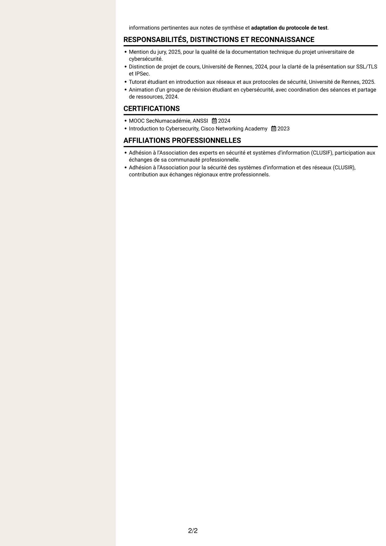 CV Fonceur (format à deux colonnes avec en-tête centré sans photo) : Consultante junior en cybersécurité - PKI, page 2