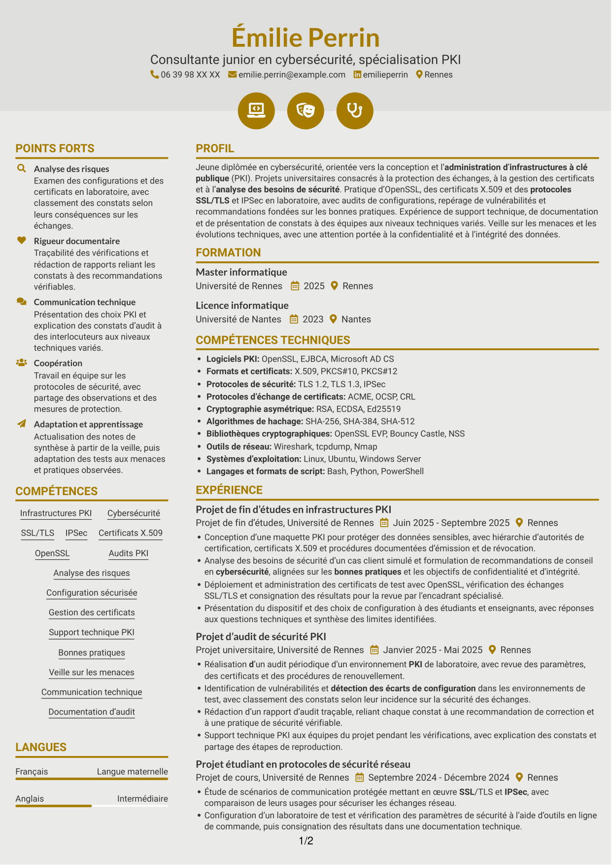 CV Dynamique (format à deux colonnes avec icônes) : Consultante junior en cybersécurité - PKI, page 1