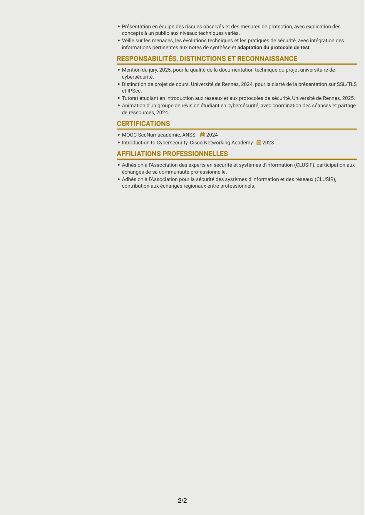 CV Dynamique (format à deux colonnes avec icônes) : Consultante junior en cybersécurité - PKI, page 2