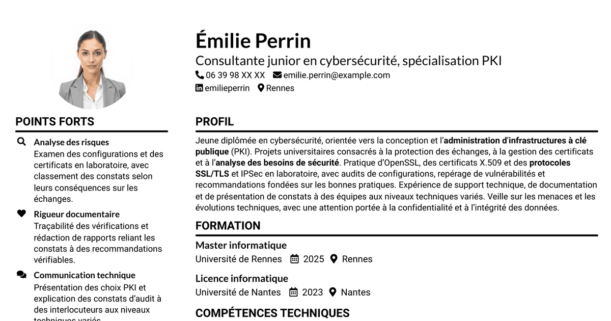7 modèles de CV pour Consultante junior en cybersécurité - PKI, avec exemples