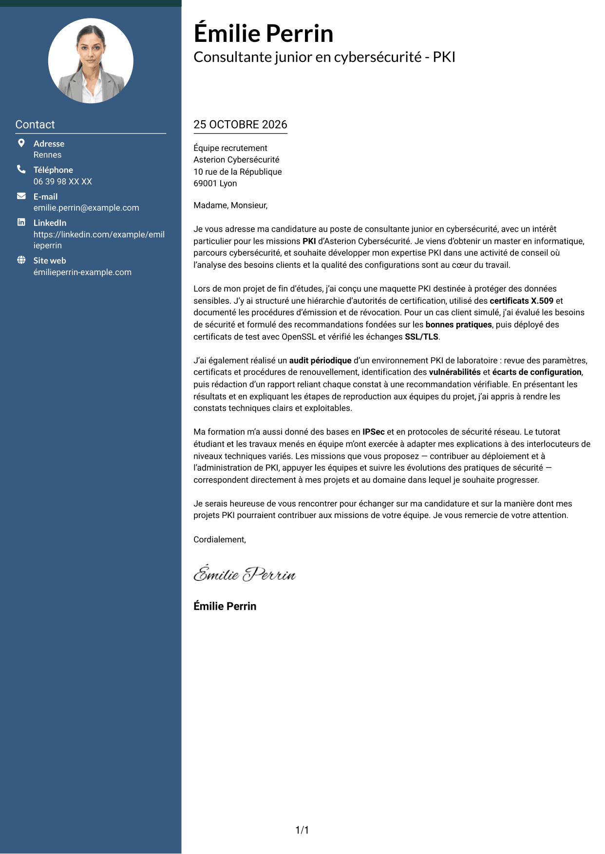 Lettre de motivation Élégant (format à colonne latérale colorée avec photo) : Consultante junior en cybersécurité - PKI, page 1
