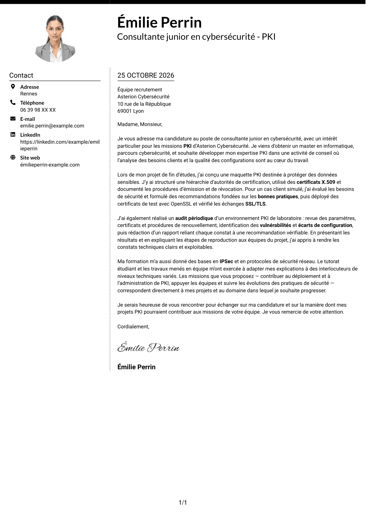 Lettre de motivation Moderne (format à deux colonnes avec photo à gauche et séparateur) : Consultante junior en cybersécurité - PKI, page 1
